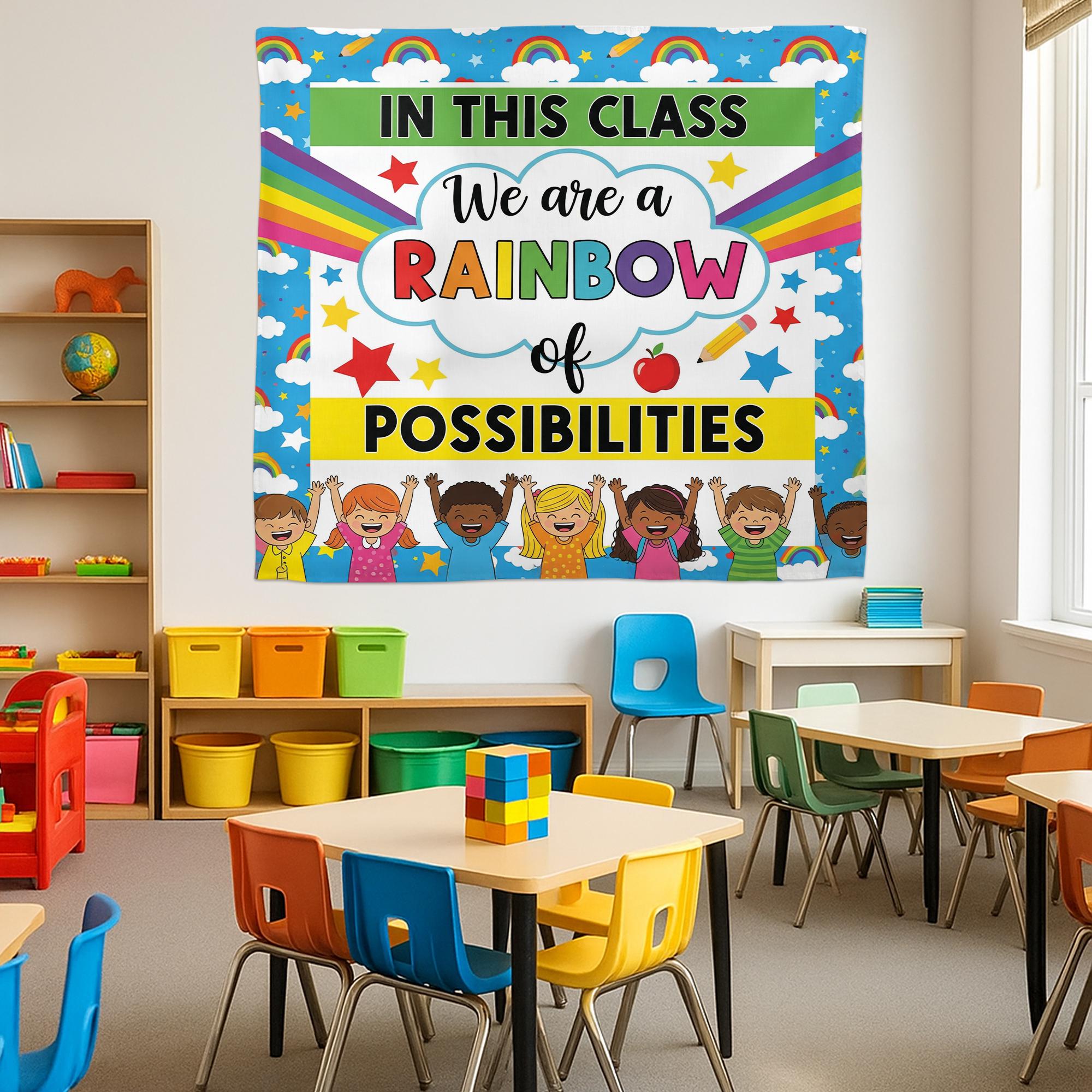 In This Class We Are a Rainbow of Possibilities Tapestry, Colorful Classroom Wall Decor, Motivational Teacher Poster for Kid, Back To School