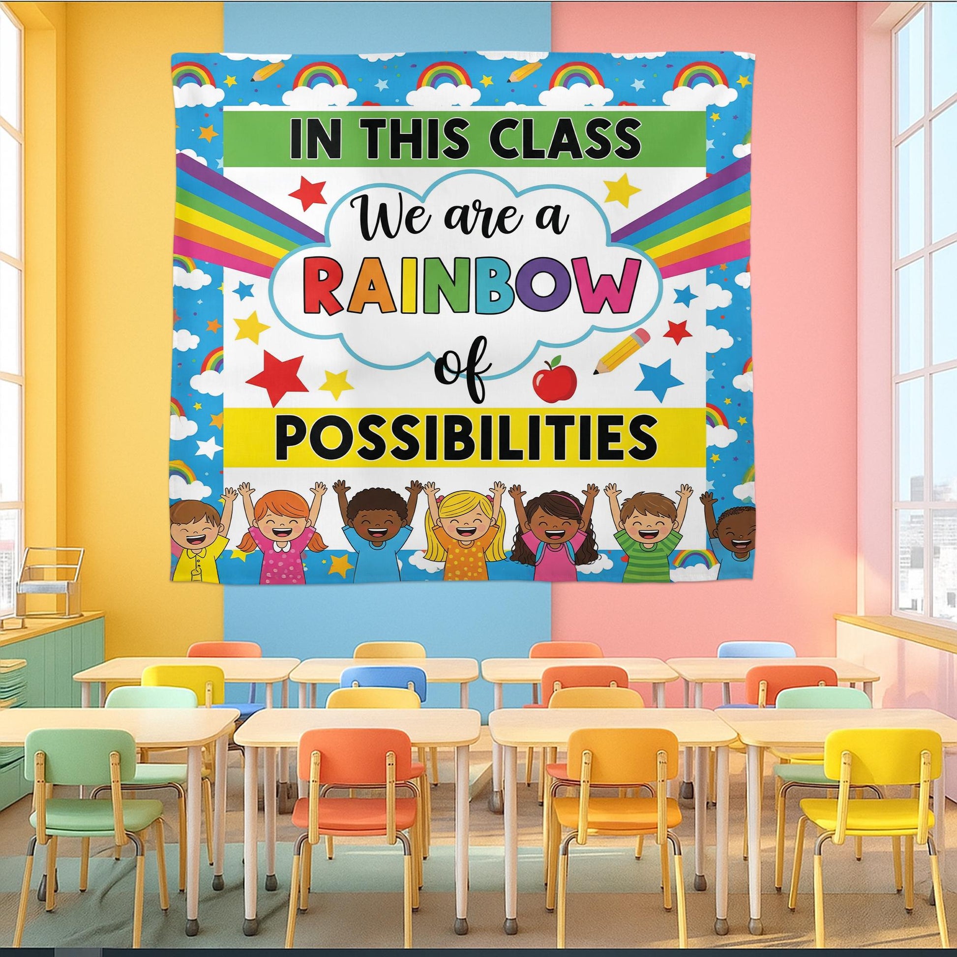 In This Class We Are a Rainbow of Possibilities Tapestry, Colorful Classroom Wall Decor, Motivational Teacher Poster for Kid, Back To School
