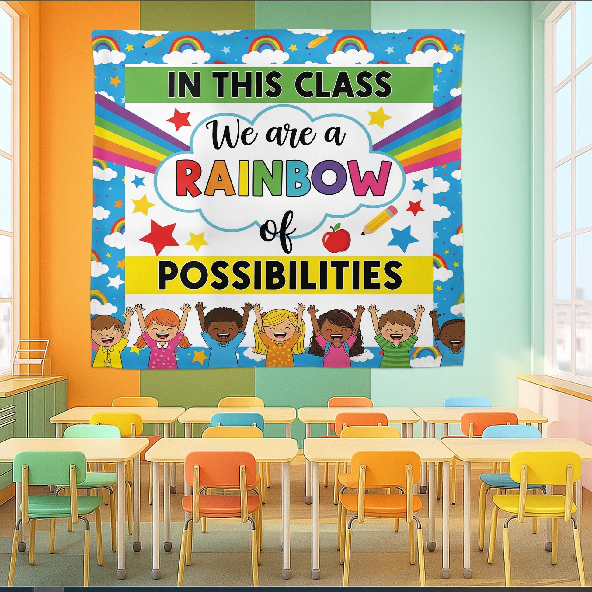 In This Class We Are a Rainbow of Possibilities Tapestry, Colorful Classroom Wall Decor, Motivational Teacher Poster for Kid, Back To School