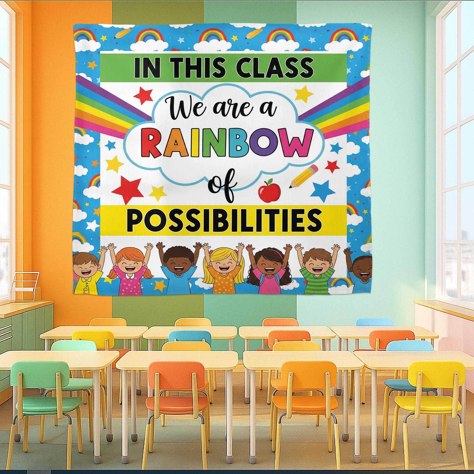 In This Class We Are a Rainbow of Possibilities Tapestry, Colorful Classroom Wall Decor, Motivational Teacher Poster for Kid, Back To School