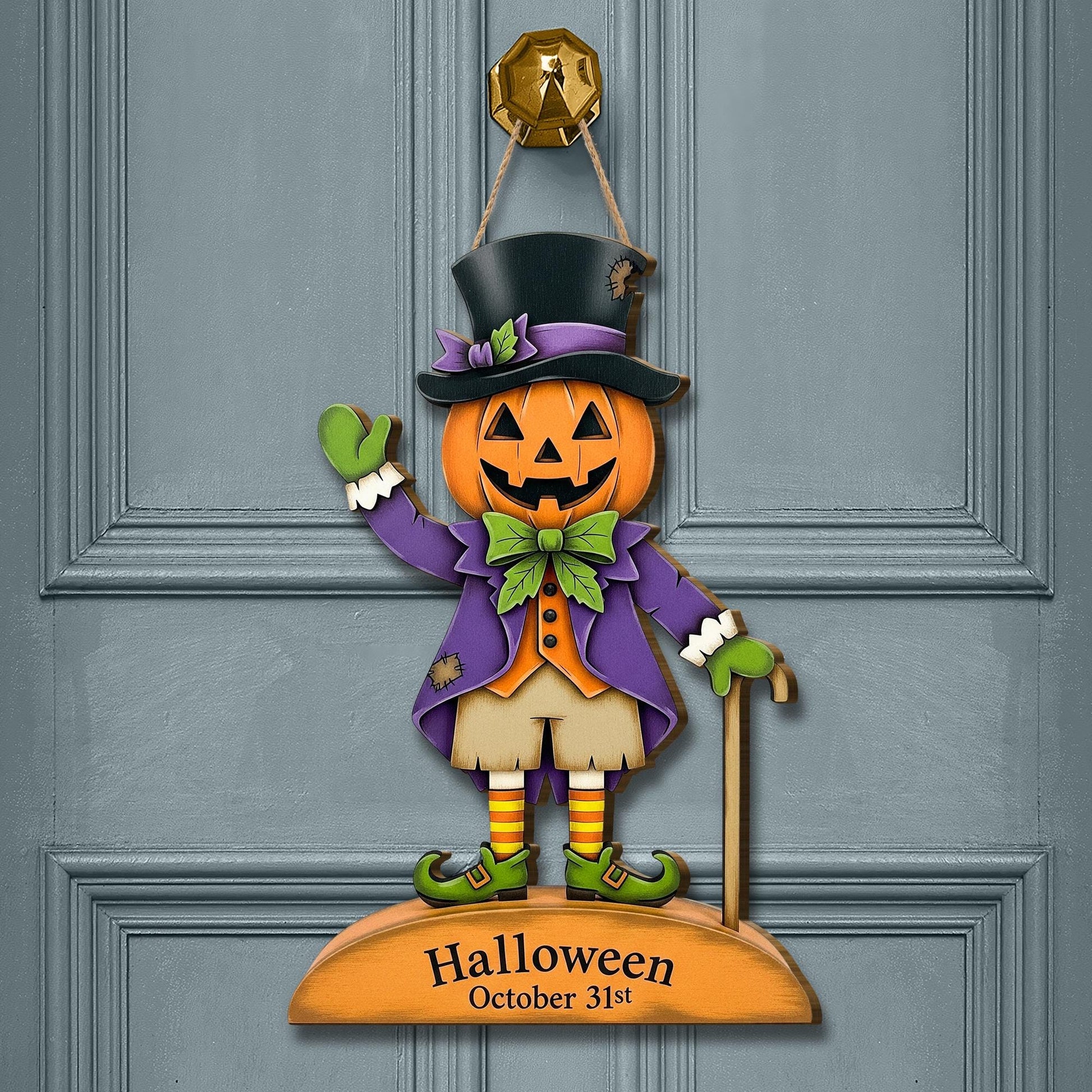 Halloween Pumpkin Man Door Hanger, Jack O Lantern Wall Sign, October 31st Porch Décor, Cute Spooky Fall Decoration, Trick or Treat Welcome