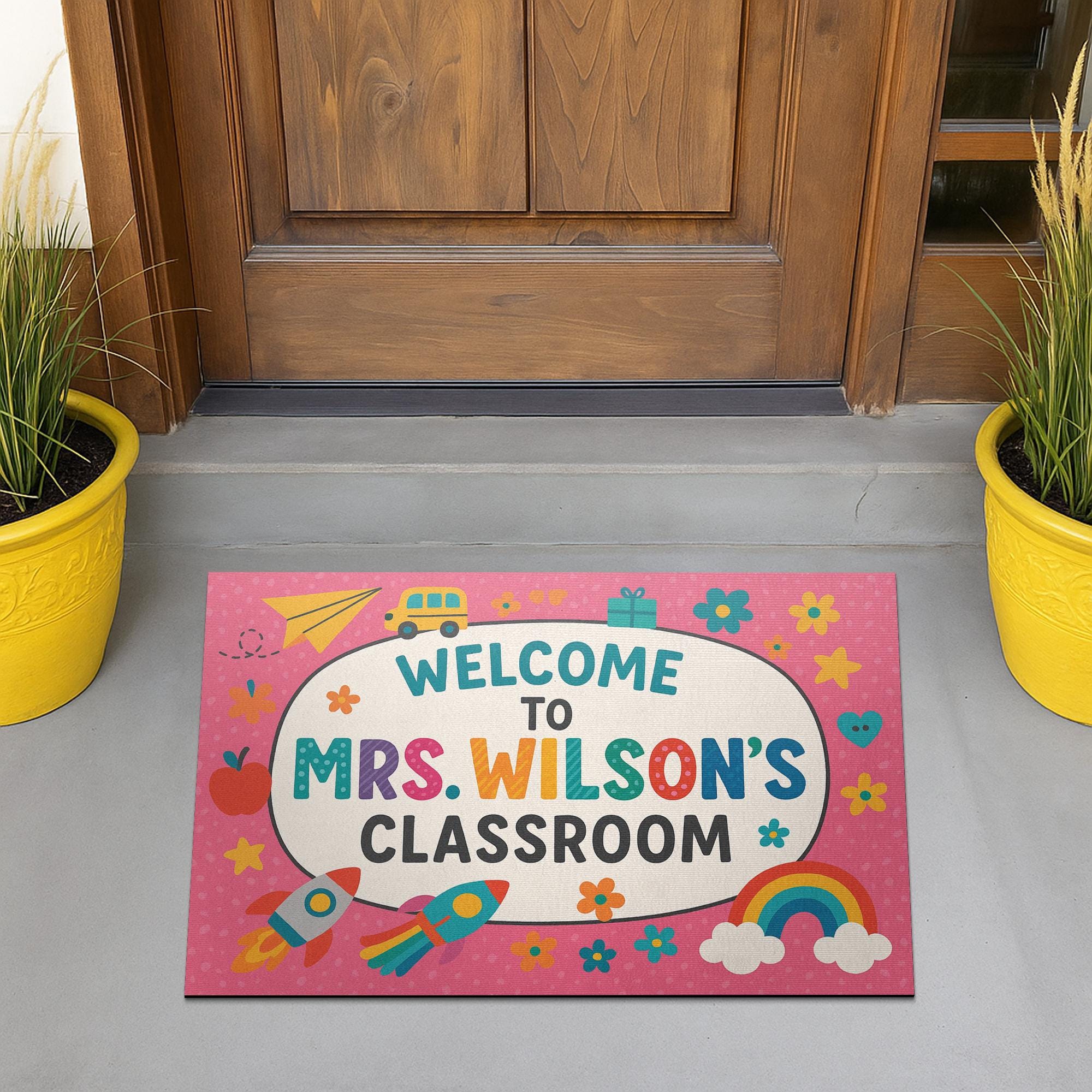 Welcome to Classroom Pink Doormat, Back to School Rug, Cute Teacher Entry Mat, Rainbow Decor, Personalized Classroom Door Mat