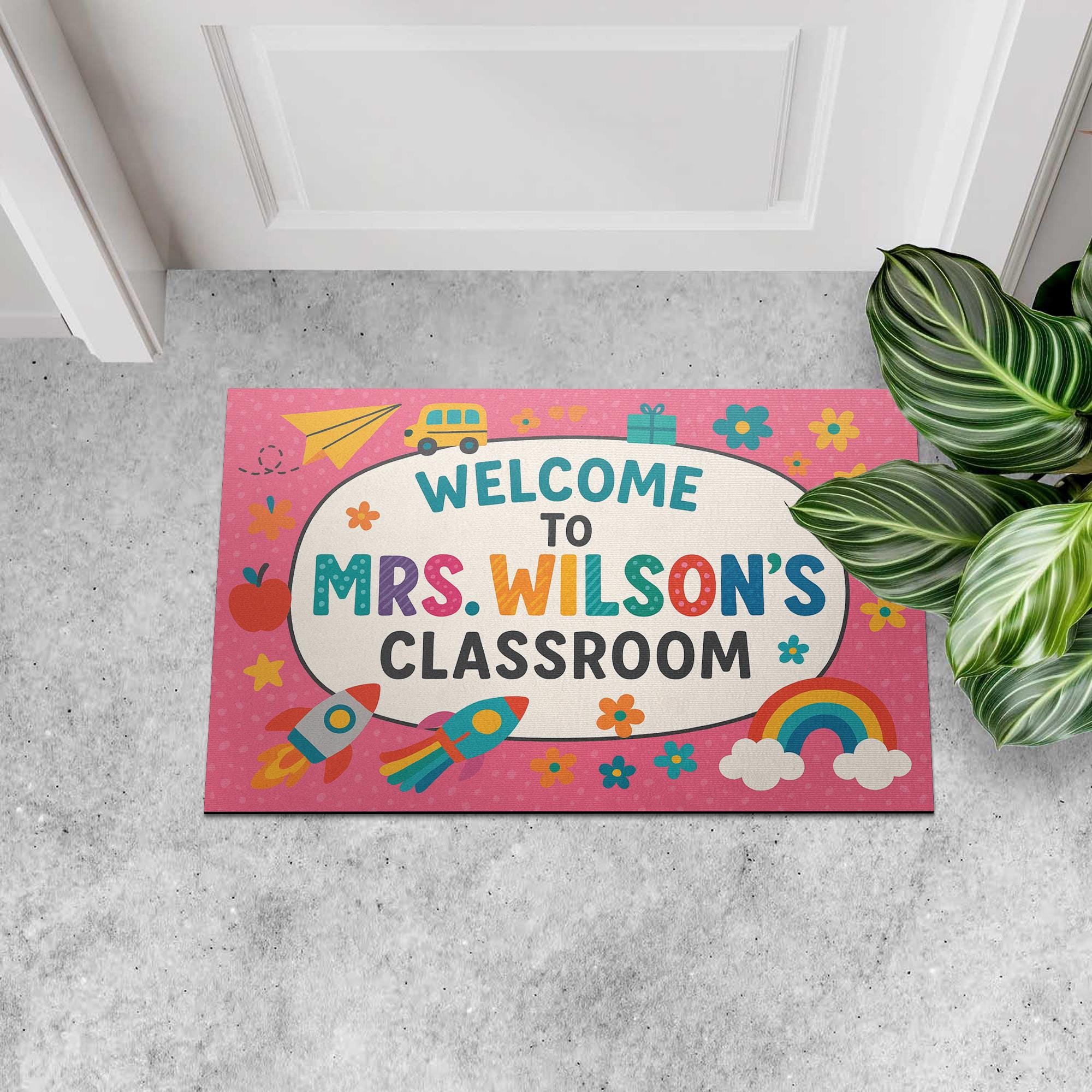Welcome to Classroom Pink Doormat, Back to School Rug, Cute Teacher Entry Mat, Rainbow Decor, Personalized Classroom Door Mat
