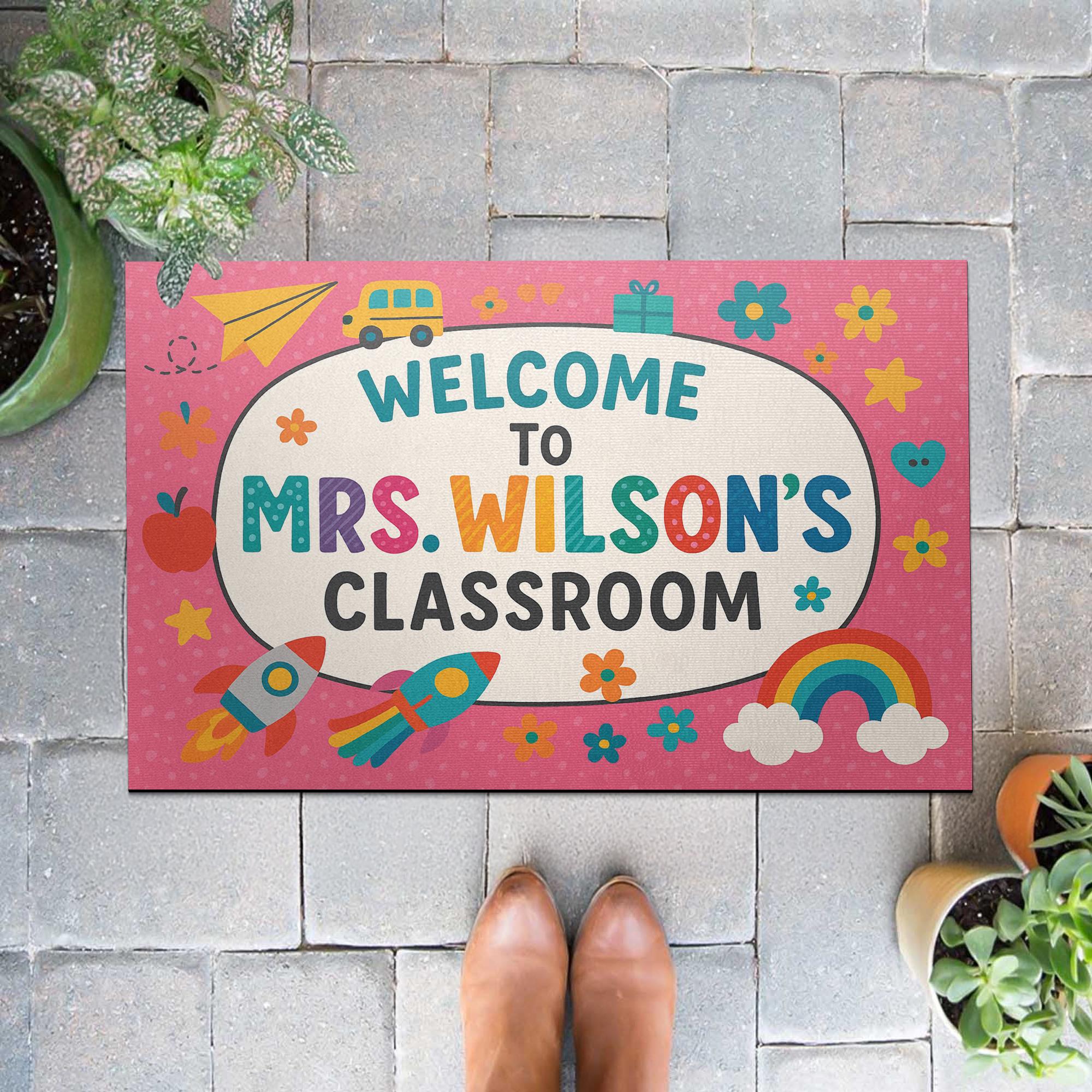 Welcome to Classroom Pink Doormat, Back to School Rug, Cute Teacher Entry Mat, Rainbow Decor, Personalized Classroom Door Mat