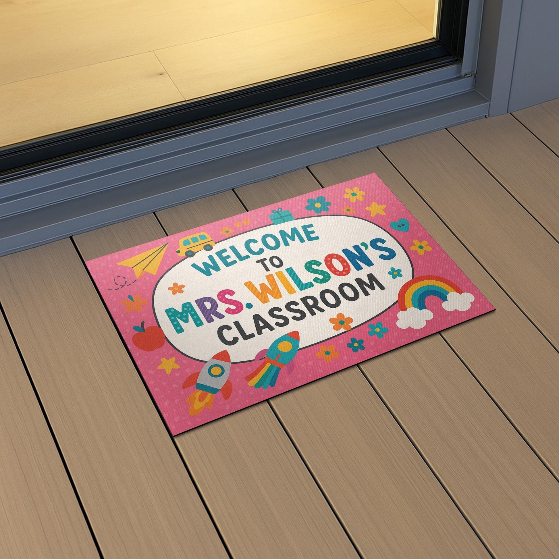 Welcome to Classroom Pink Doormat, Back to School Rug, Cute Teacher Entry Mat, Rainbow Decor, Personalized Classroom Door Mat