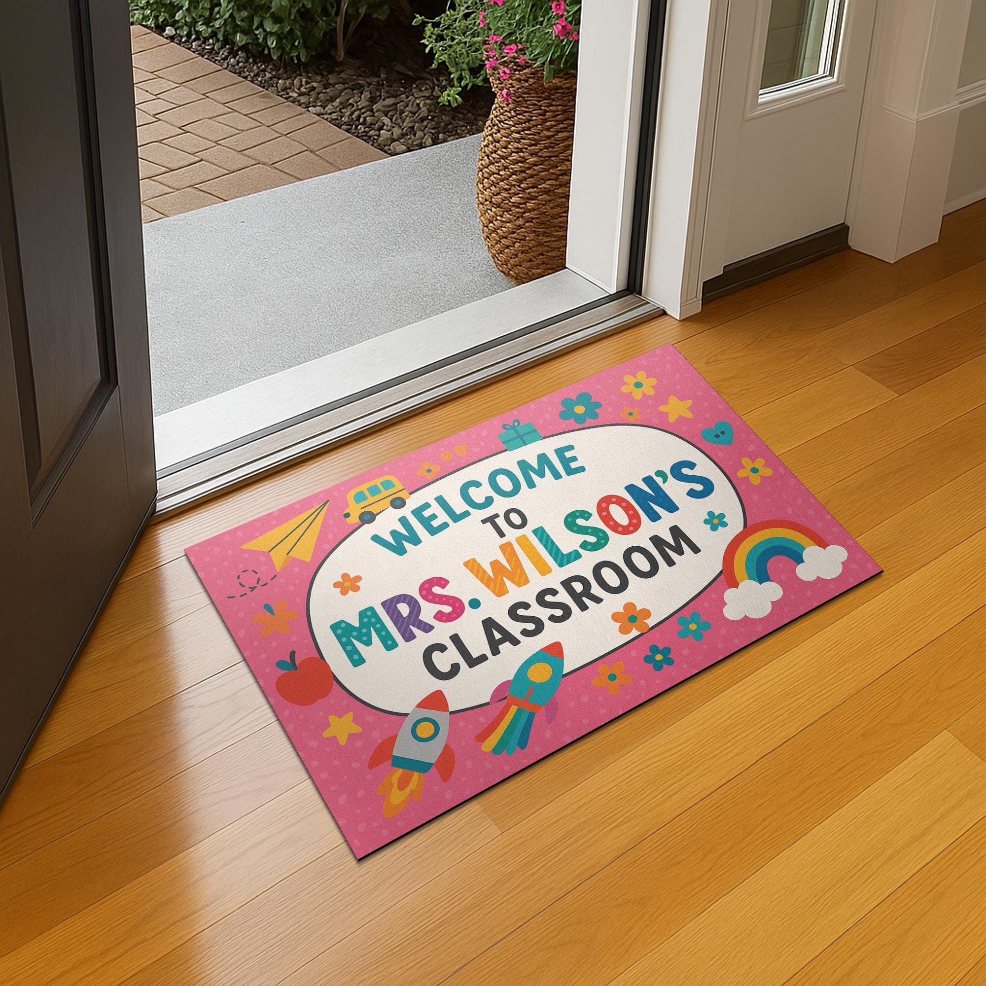 Welcome to Classroom Pink Doormat, Back to School Rug, Cute Teacher Entry Mat, Rainbow Decor, Personalized Classroom Door Mat