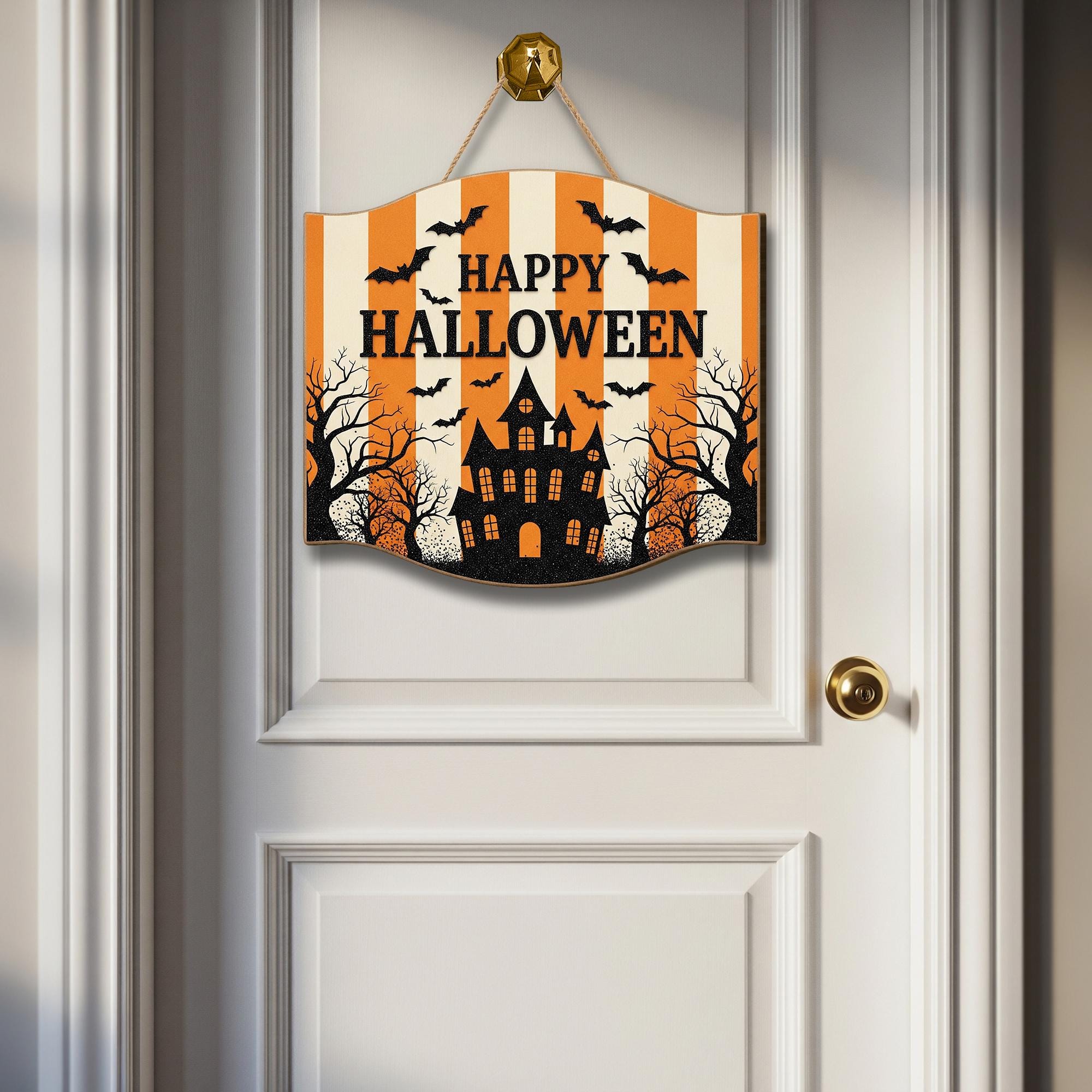 Happy Halloween Door Sign, Haunted House Wall Hanging, Orange Striped Spooky Décor, Halloween Party Porch Decoration, Bat Fall Welcome Sign
