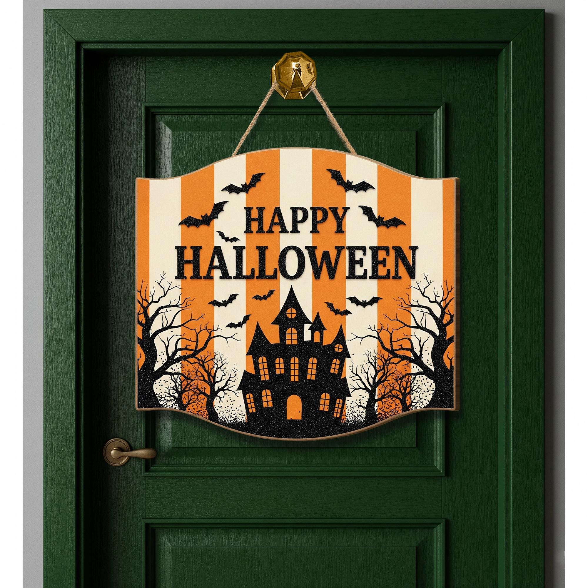 Happy Halloween Door Sign, Haunted House Wall Hanging, Orange Striped Spooky Décor, Halloween Party Porch Decoration, Bat Fall Welcome Sign