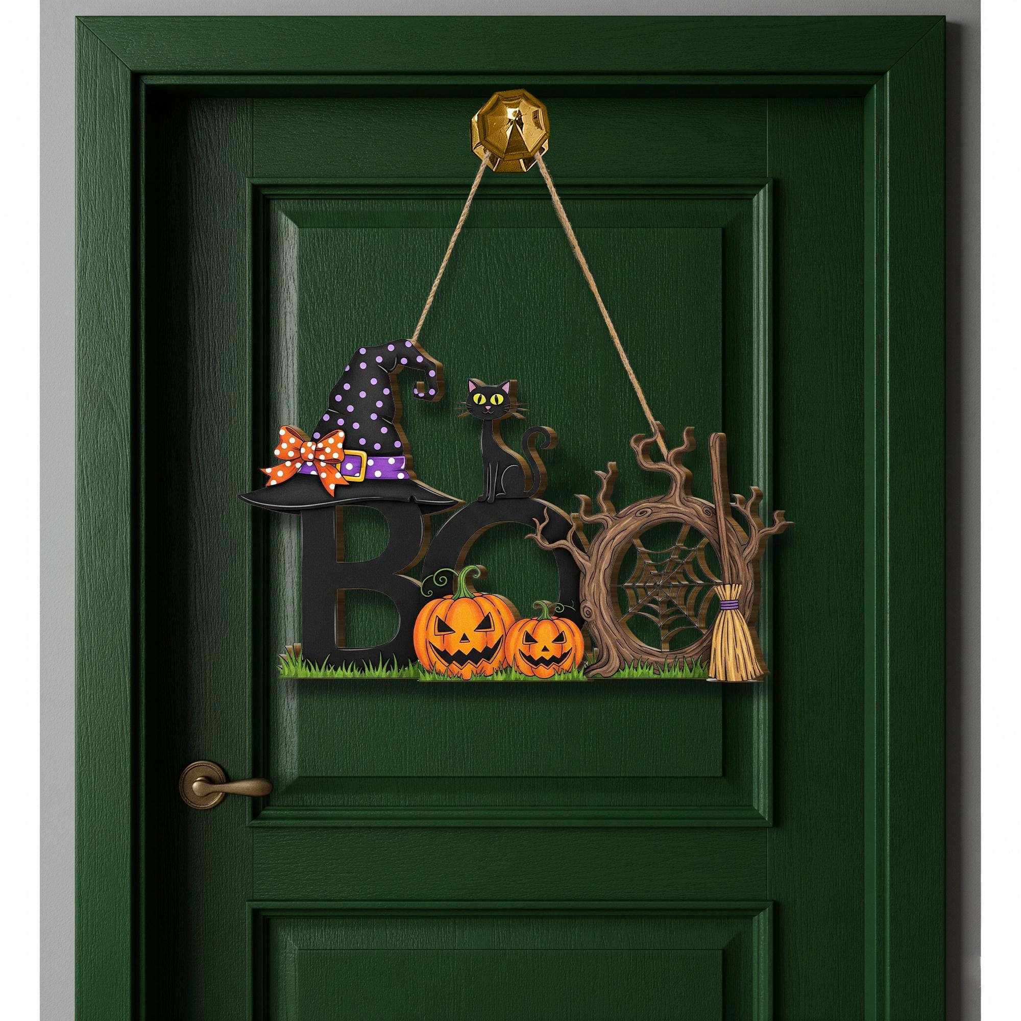 Boo Halloween Door Sign, Witch Hat Cat Pumpkin Décor, Spooky Wall Hanging, Cute Fall Porch Decoration, Trick or Treat Welcome Plaque