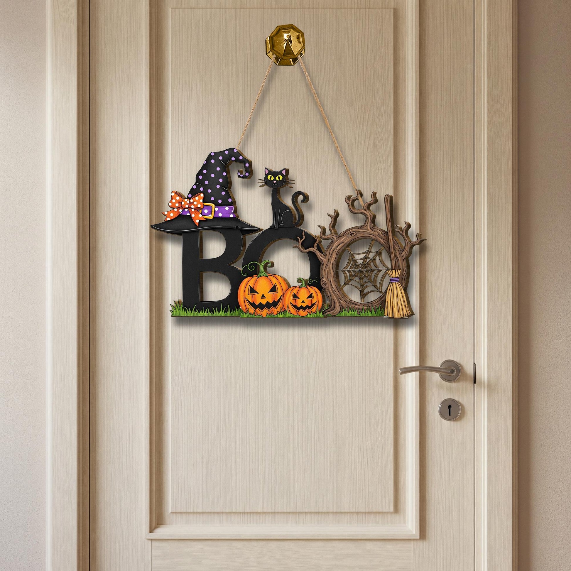 Boo Halloween Door Sign, Witch Hat Cat Pumpkin Décor, Spooky Wall Hanging, Cute Fall Porch Decoration, Trick or Treat Welcome Plaque