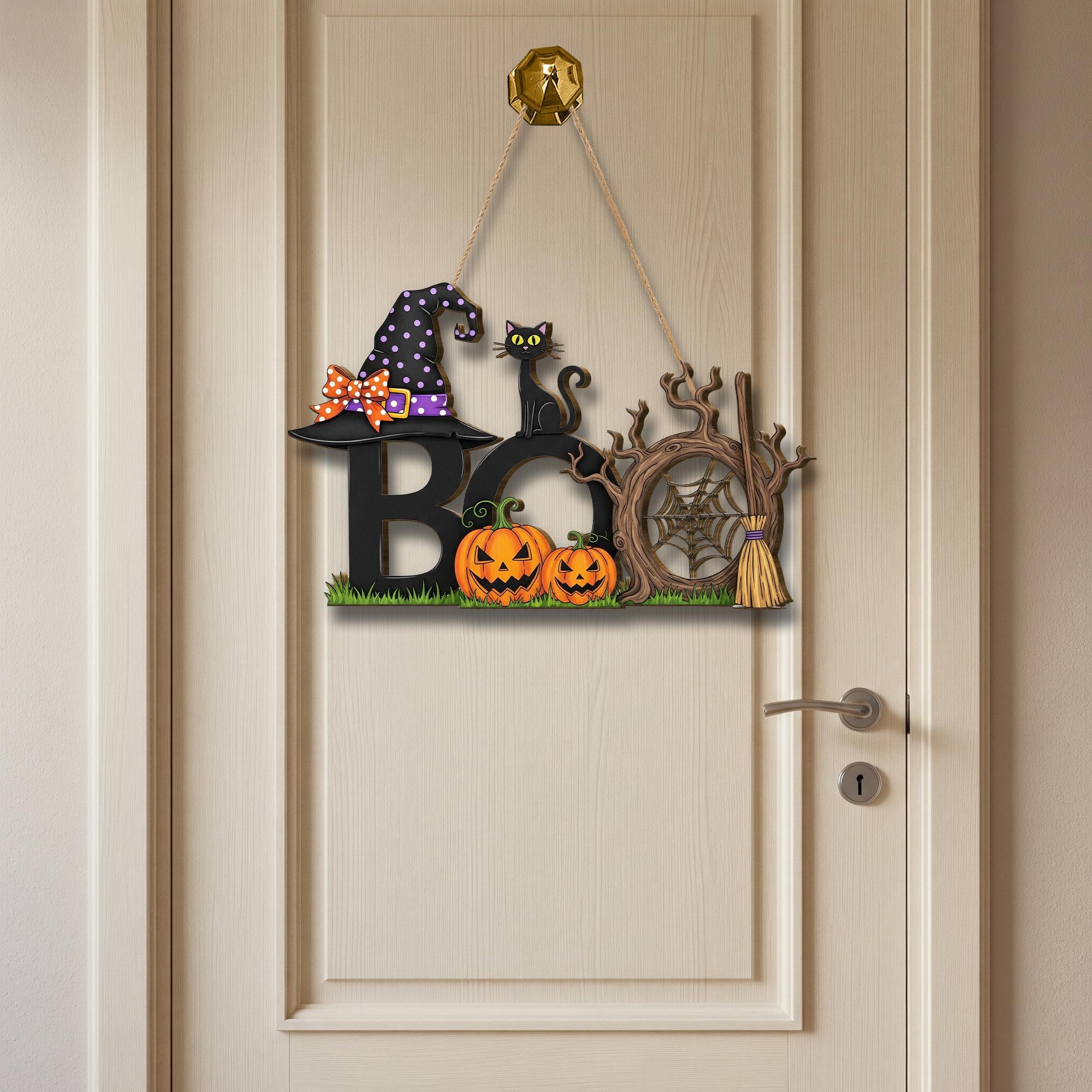Boo Halloween Door Sign, Witch Hat Cat Pumpkin Décor, Spooky Wall Hanging, Cute Fall Porch Decoration, Trick or Treat Welcome Plaque