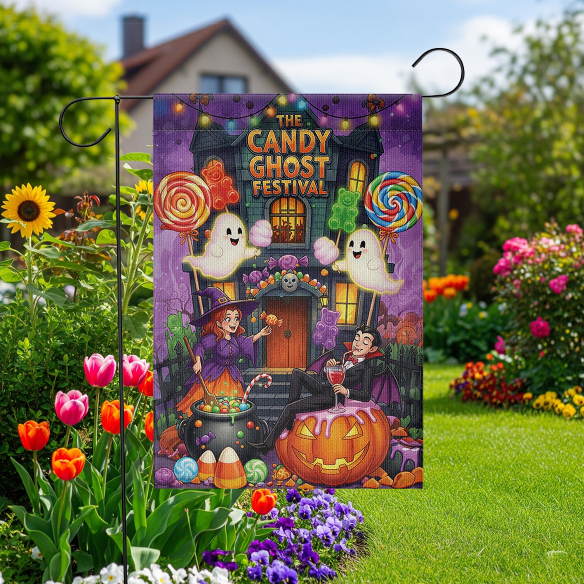 Candy Ghost Festival Garden Flag | Halloween Outdoor Decor | Spooky Yard Art | Trick or Treat Decoration