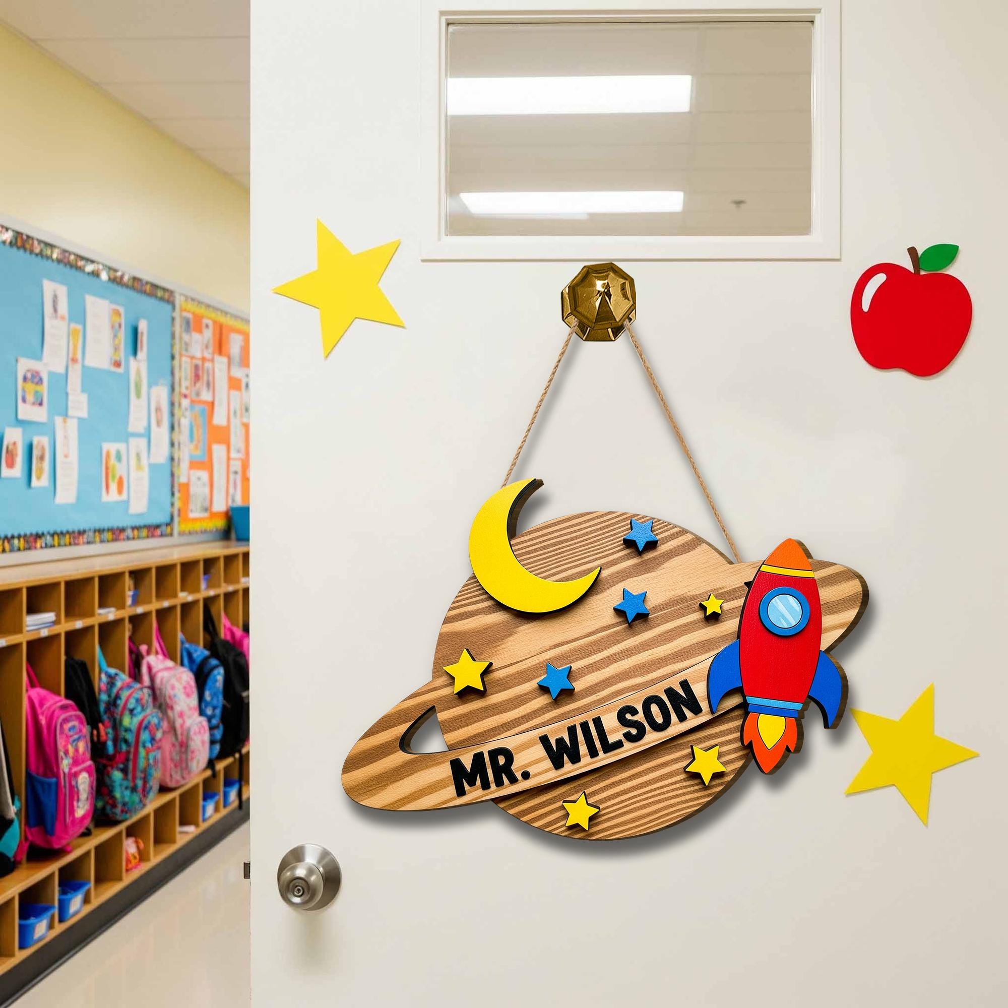 Personalized Space Theme Teacher Door Sign - Rocket & Planet Classroom Decor, Custom Name Wooden Hanger for Kids or School, Teacher Wall Art