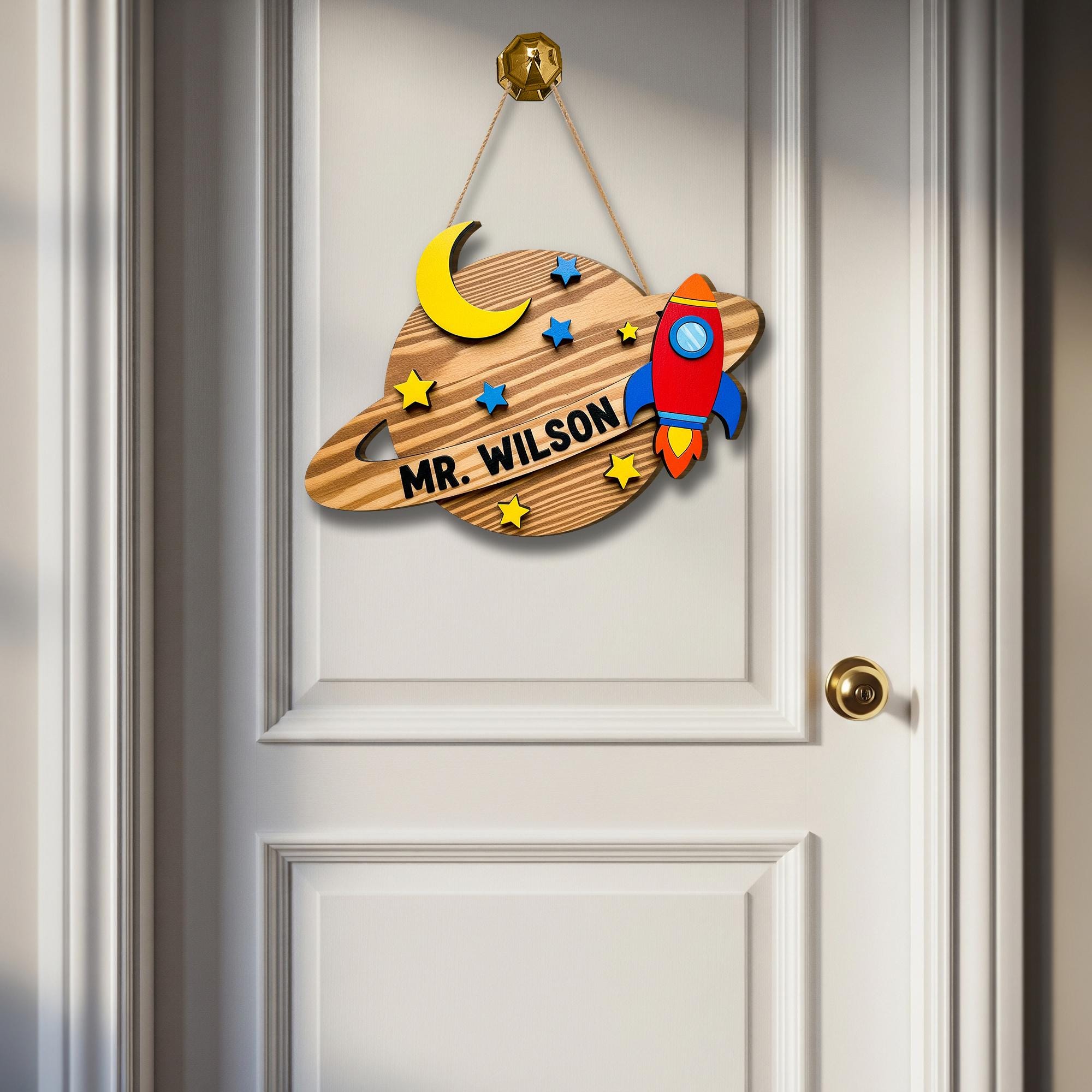 Personalized Space Theme Teacher Door Sign - Rocket & Planet Classroom Decor, Custom Name Wooden Hanger for Kids or School, Teacher Wall Art