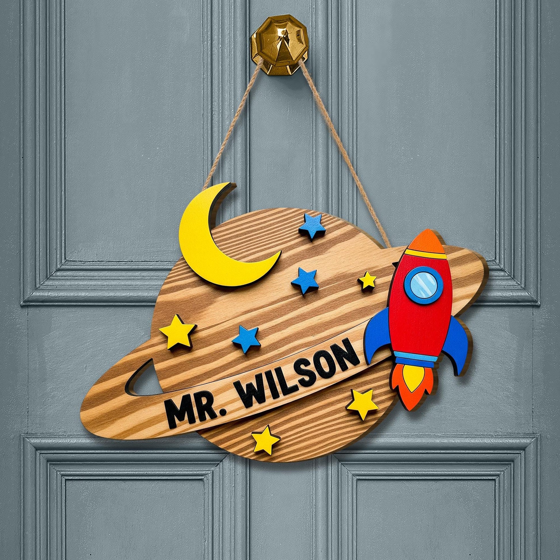 Personalized Space Theme Teacher Door Sign - Rocket & Planet Classroom Decor, Custom Name Wooden Hanger for Kids or School, Teacher Wall Art