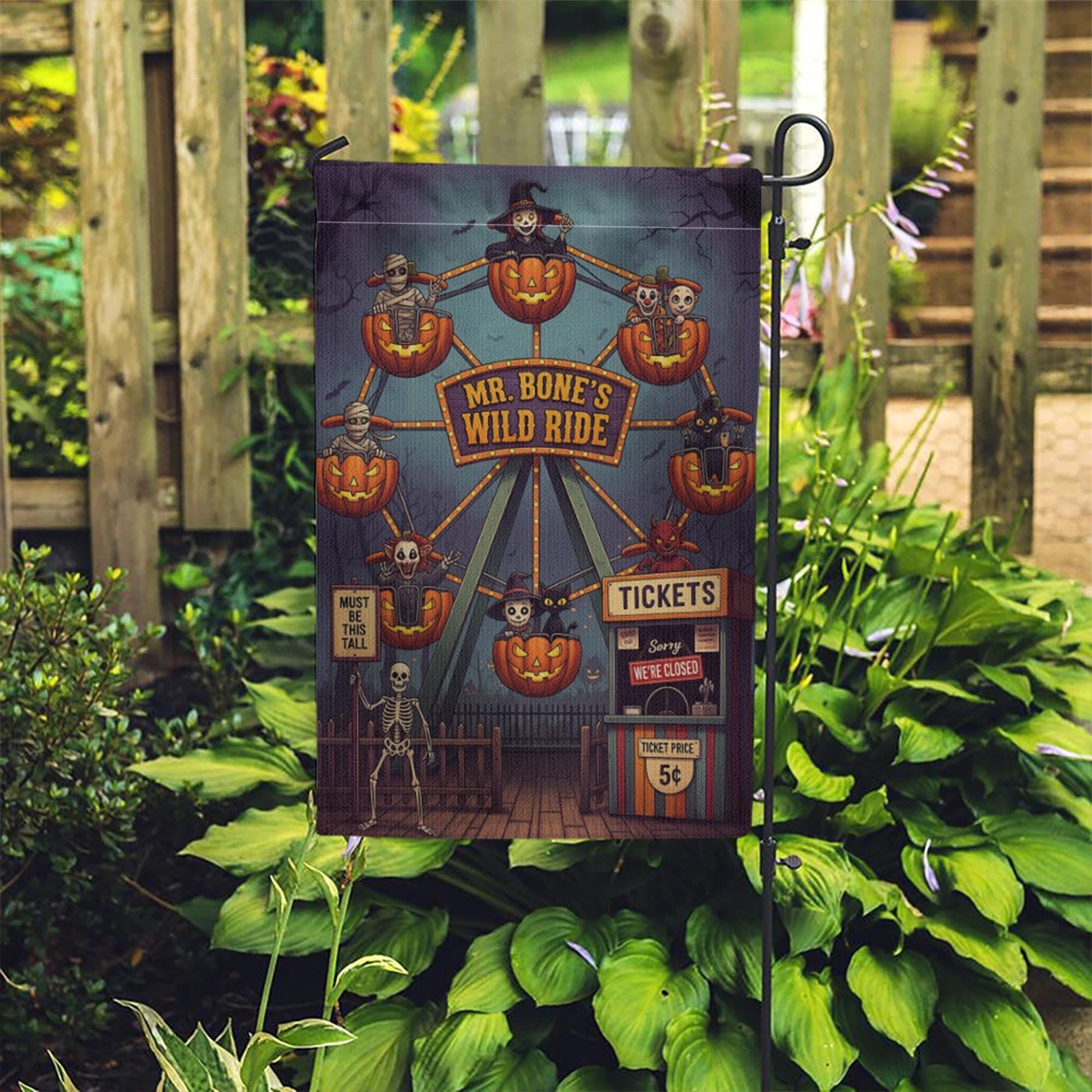 Mr. Bone's Wild Ride Halloween Garden Flag | Spooky Carnival Yard Decor | Unique Fall Outdoor Decoration