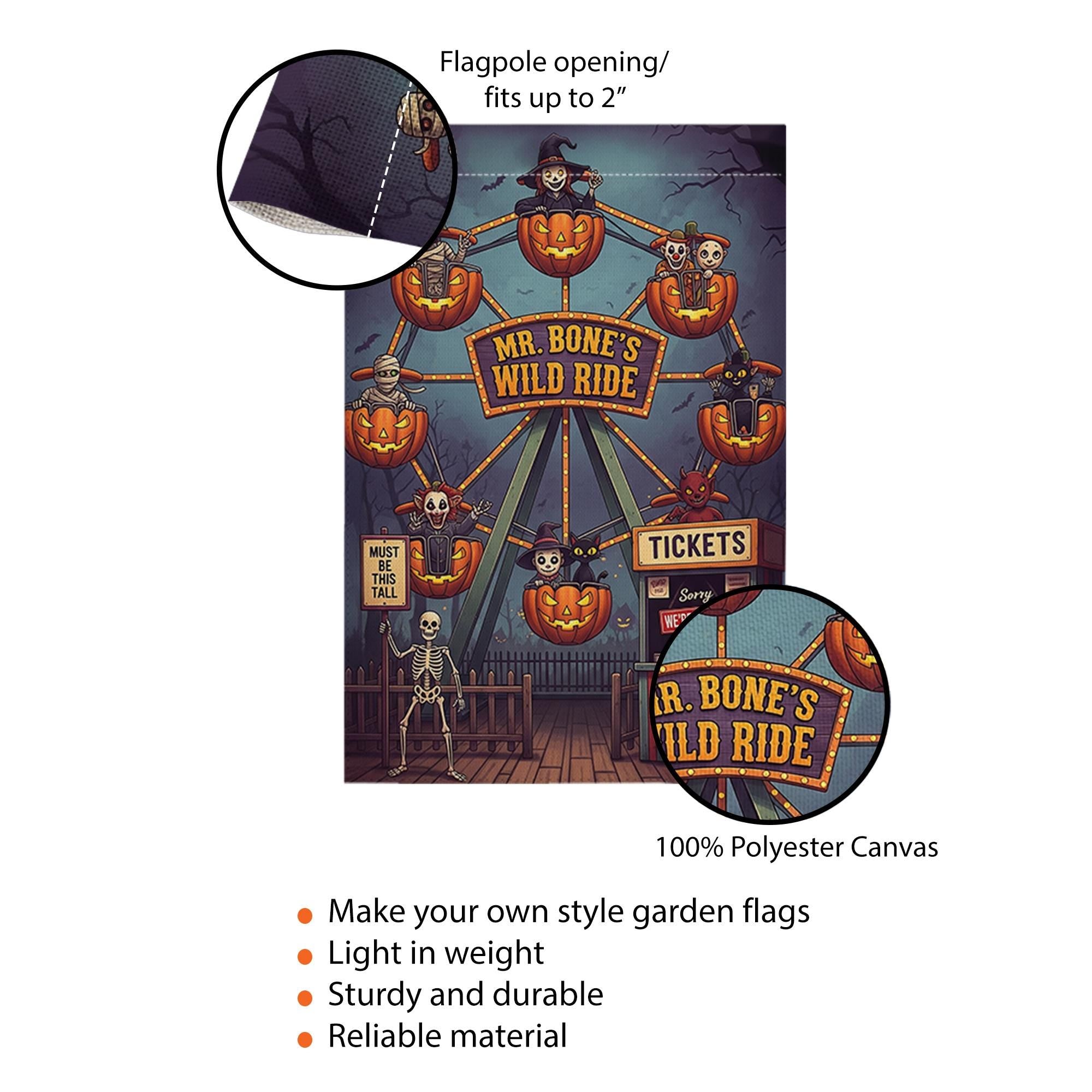 Mr. Bone's Wild Ride Halloween Garden Flag | Spooky Carnival Yard Decor | Unique Fall Outdoor Decoration