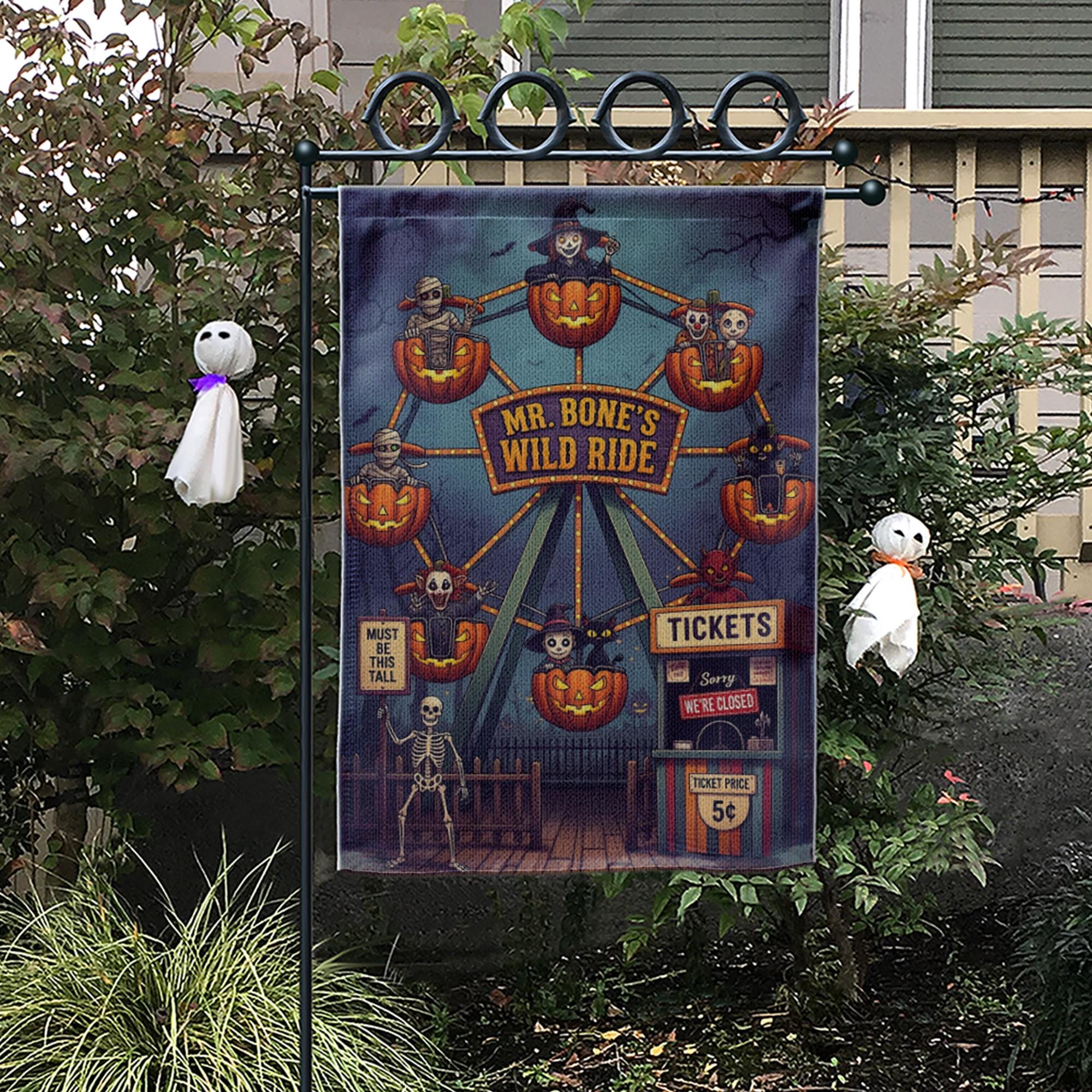 Mr. Bone's Wild Ride Halloween Garden Flag | Spooky Carnival Yard Decor | Unique Fall Outdoor Decoration