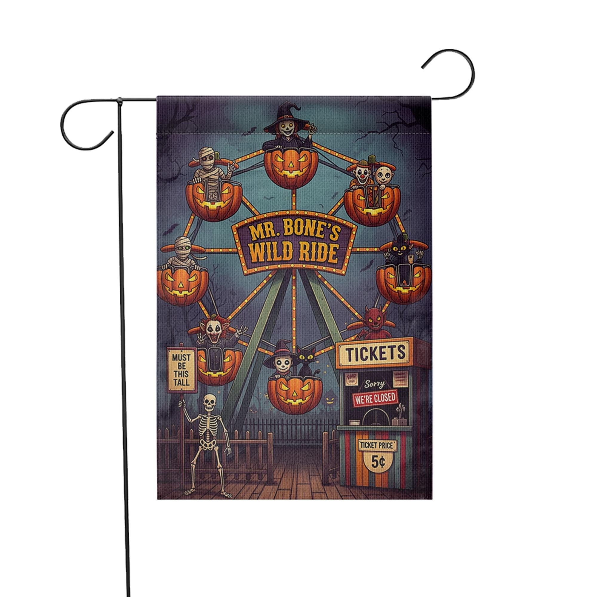 Mr. Bone's Wild Ride Halloween Garden Flag | Spooky Carnival Yard Decor | Unique Fall Outdoor Decoration