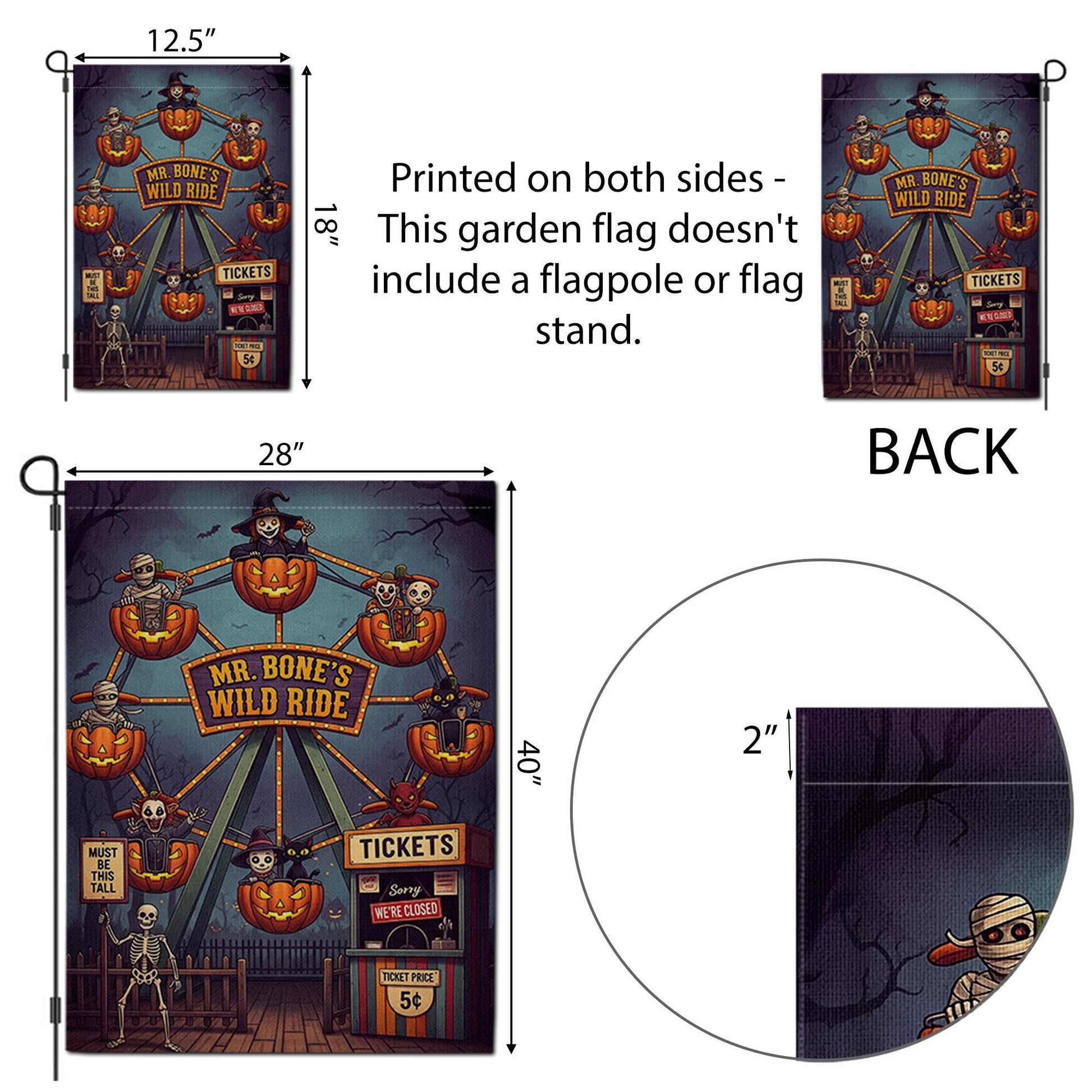 Mr. Bone's Wild Ride Halloween Garden Flag | Spooky Carnival Yard Decor | Unique Fall Outdoor Decoration