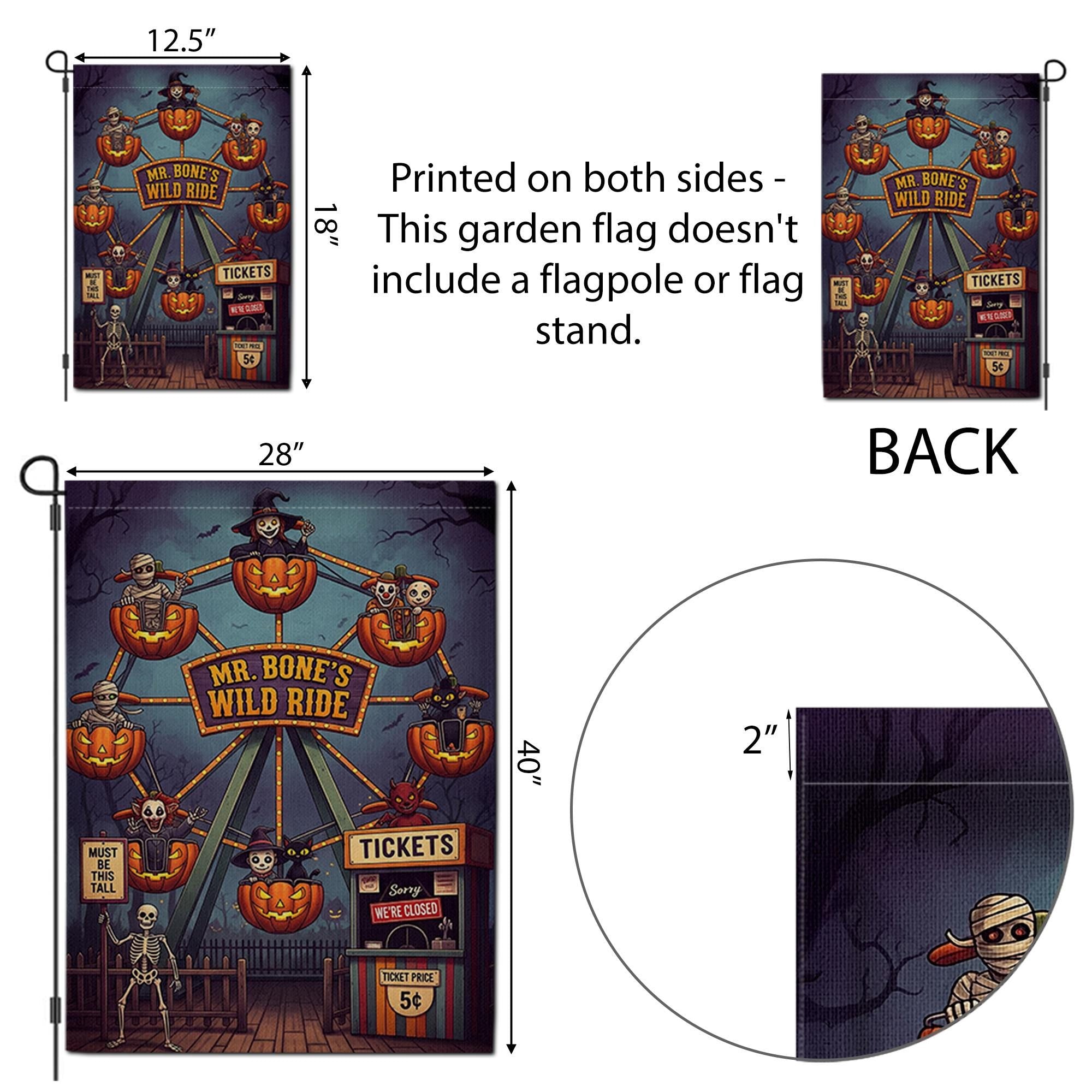 Mr. Bone's Wild Ride Halloween Garden Flag | Spooky Carnival Yard Decor | Unique Fall Outdoor Decoration