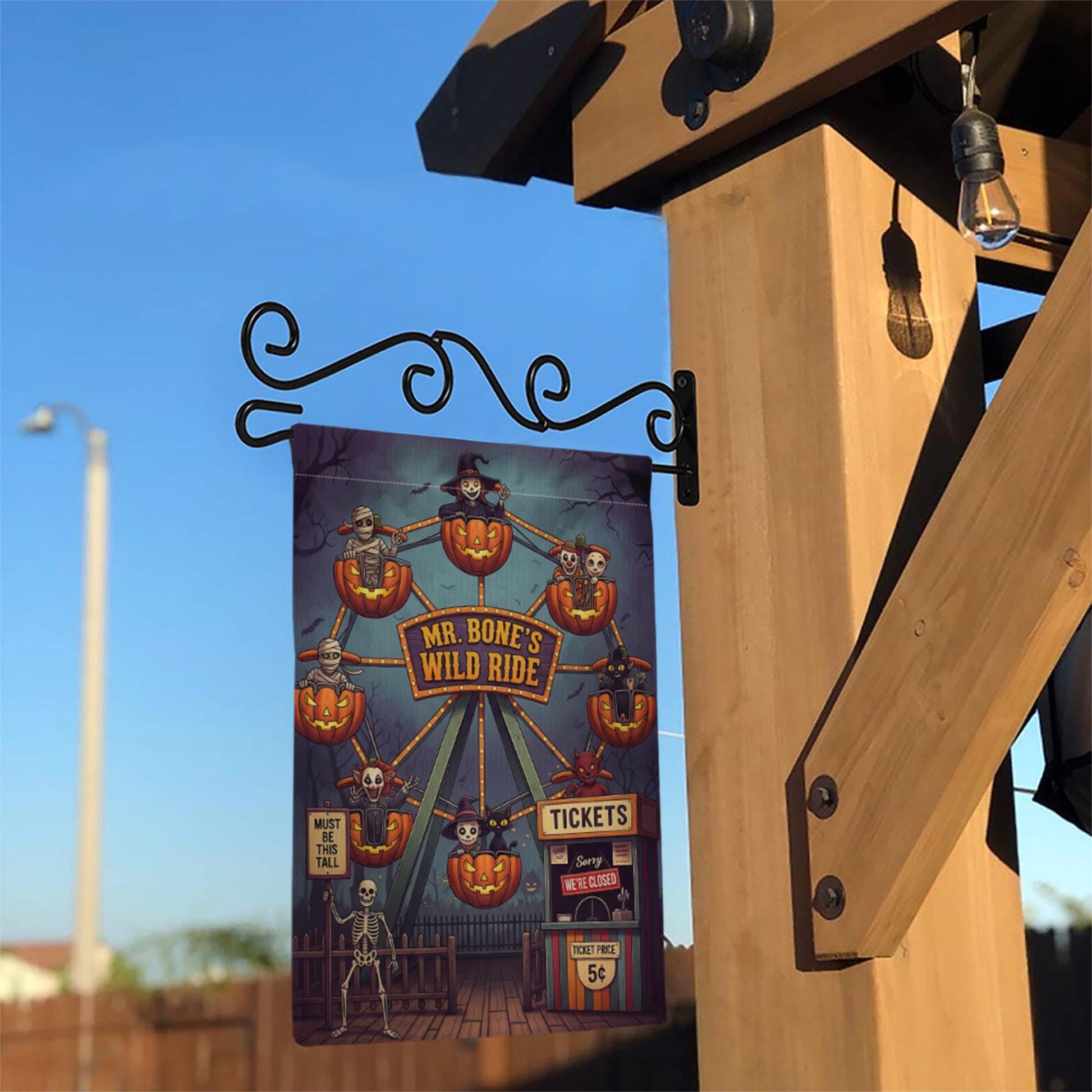 Mr. Bone's Wild Ride Halloween Garden Flag | Spooky Carnival Yard Decor | Unique Fall Outdoor Decoration