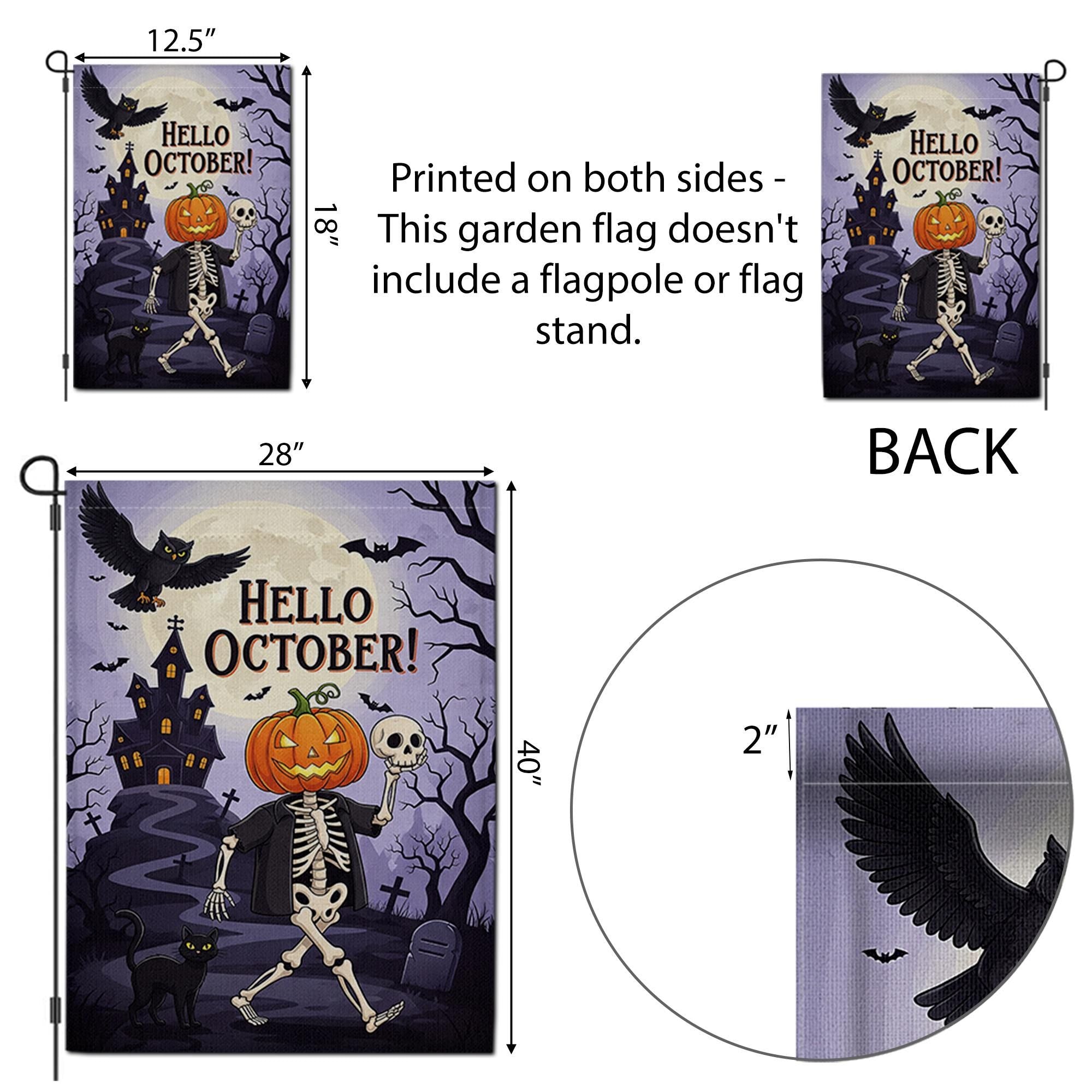 Hello October Garden Flag | Halloween Skeleton & Pumpkin Yard Decor | Spooky Fall Outdoor Sign