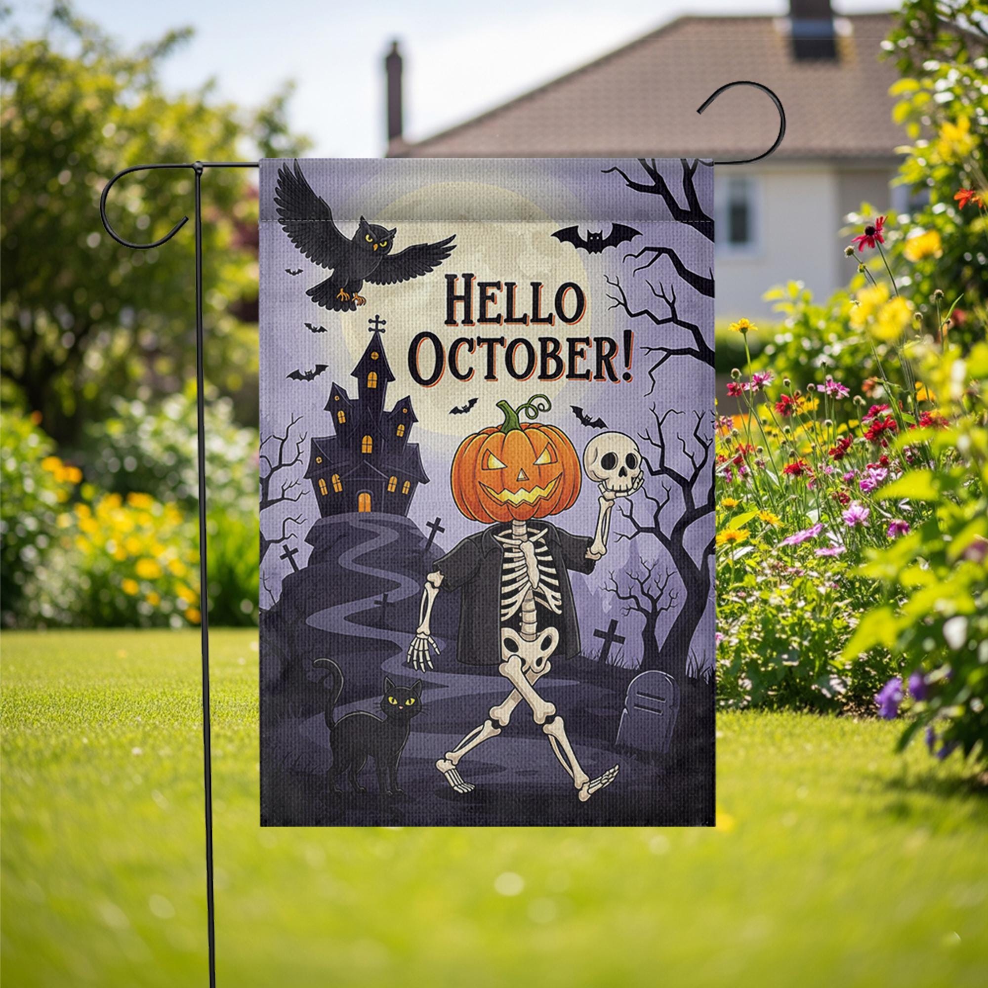 Hello October Garden Flag | Halloween Skeleton & Pumpkin Yard Decor | Spooky Fall Outdoor Sign