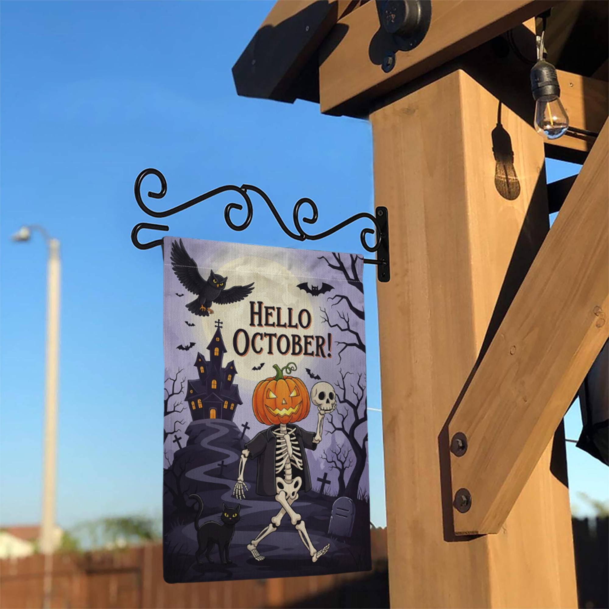 Hello October Garden Flag | Halloween Skeleton & Pumpkin Yard Decor | Spooky Fall Outdoor Sign