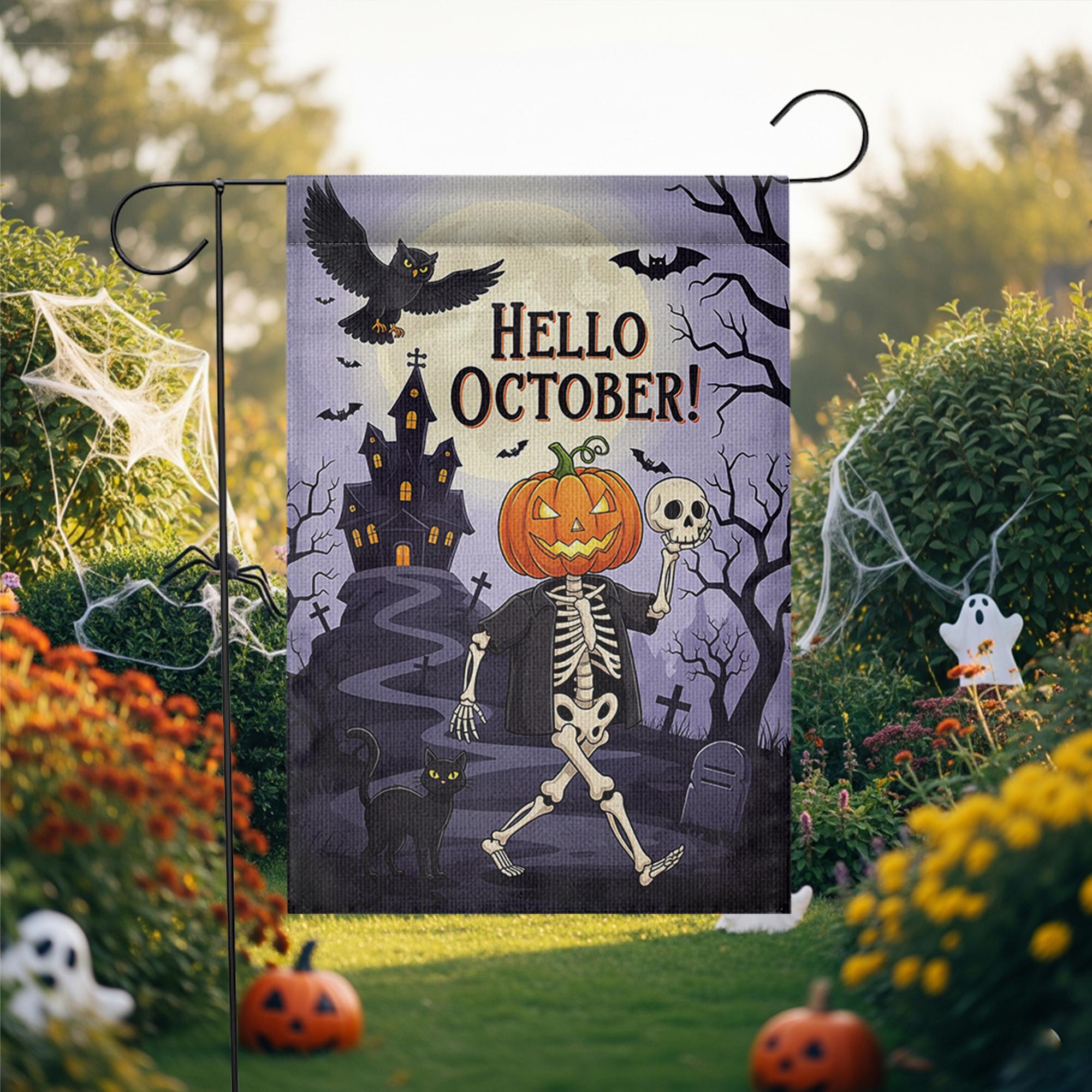 Hello October Garden Flag | Halloween Skeleton & Pumpkin Yard Decor | Spooky Fall Outdoor Sign