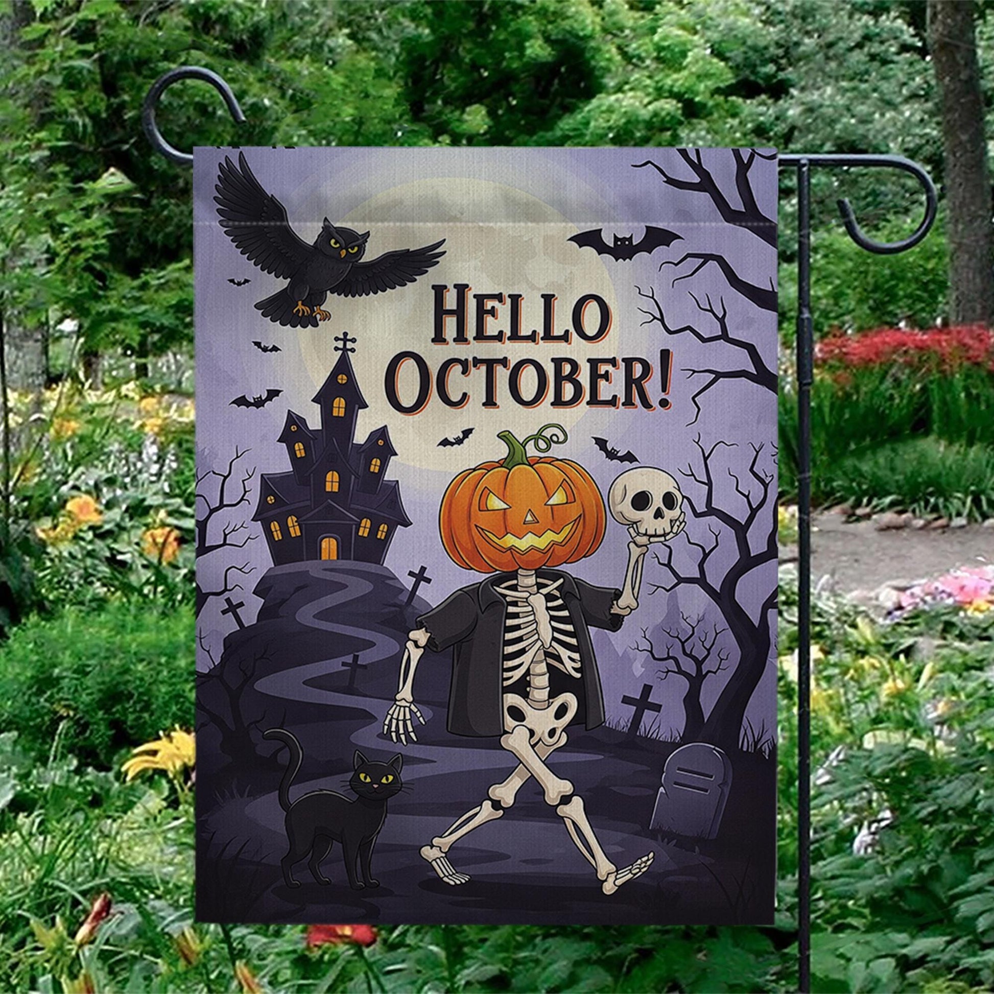 Hello October Garden Flag | Halloween Skeleton & Pumpkin Yard Decor | Spooky Fall Outdoor Sign