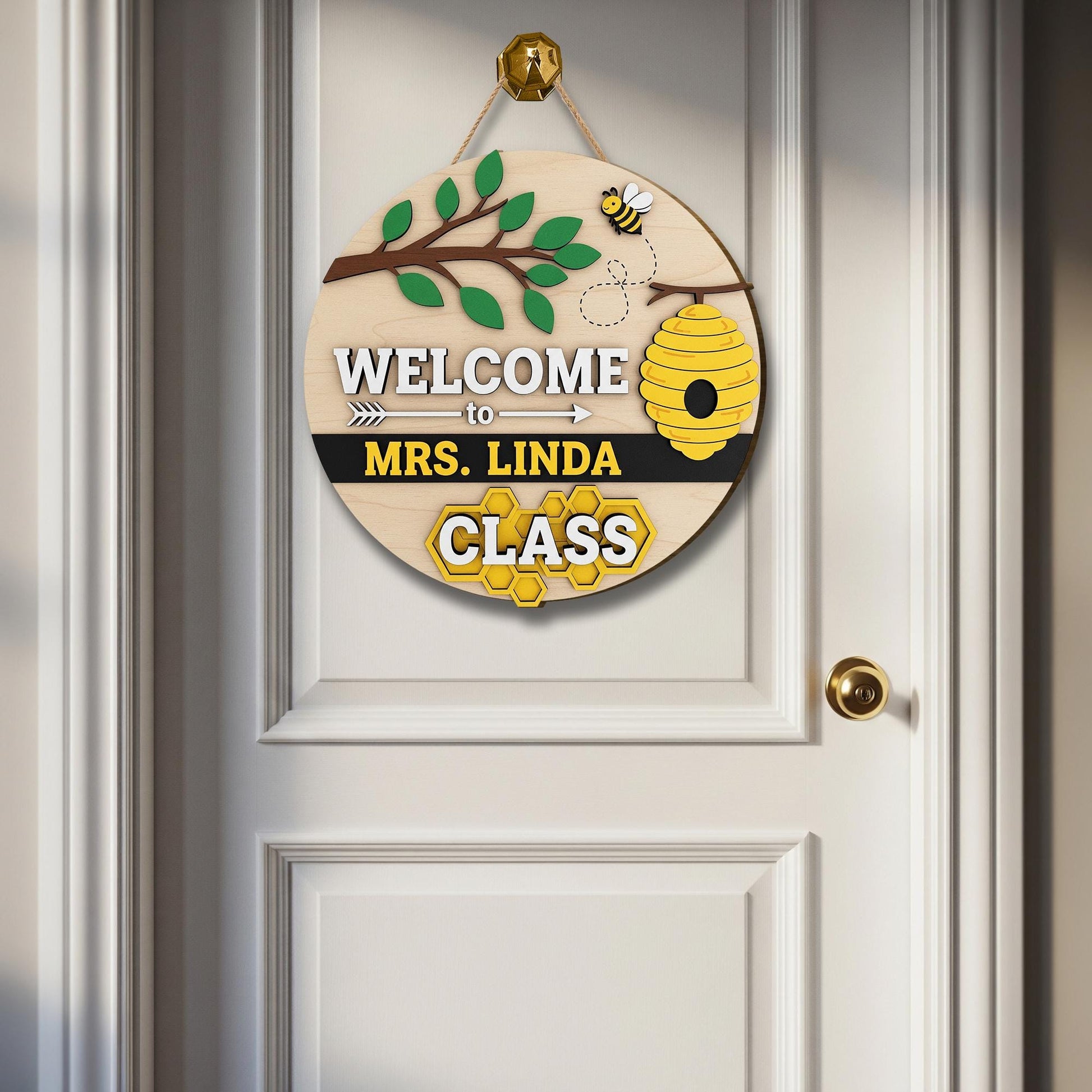 Personalized Bee Classroom Door Sign - Welcome to Teachers Class, Honeycomb Theme Teacher Name Sign for School or Preschool, Back To School