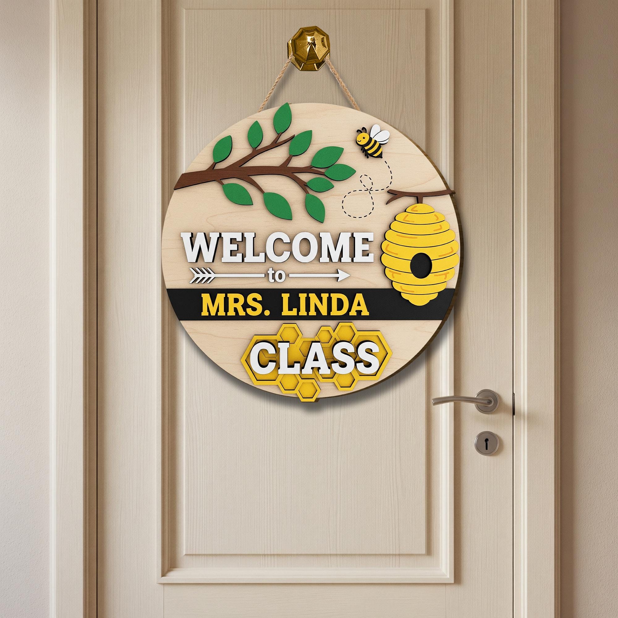 Personalized Bee Classroom Door Sign - Welcome to Teachers Class, Honeycomb Theme Teacher Name Sign for School or Preschool, Back To School