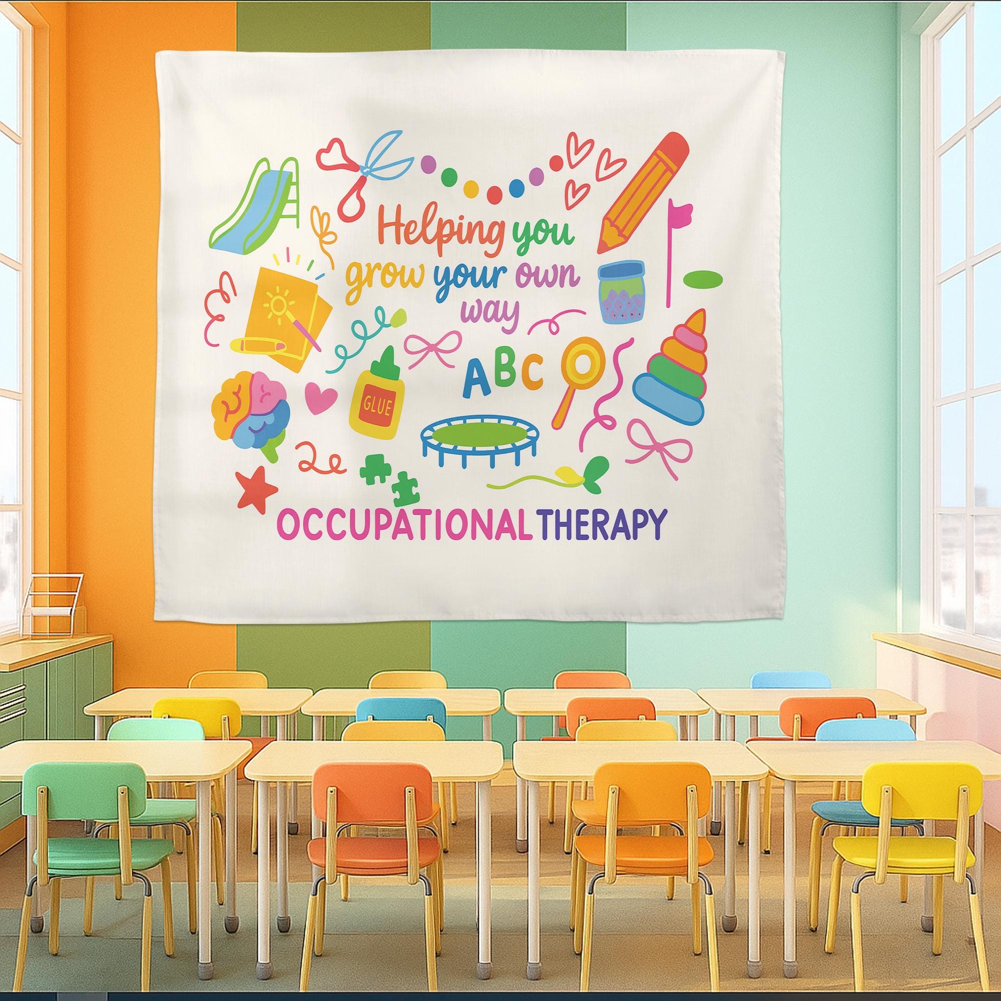 Pediatric Occupational Therapy Tapestry – “Helping You Grow Your Own Way” Wall Decor – OT Office or Sensory Room Classroom Banner