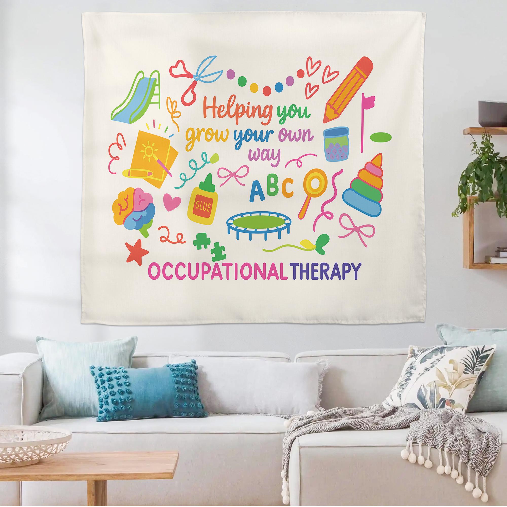 Pediatric Occupational Therapy Tapestry – “Helping You Grow Your Own Way” Wall Decor – OT Office or Sensory Room Classroom Banner