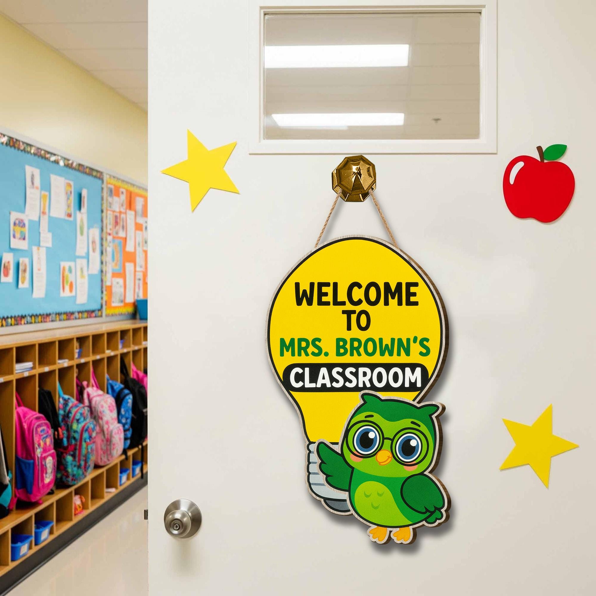 Welcome to Owl Teacher Classroom Sign, Light Bulb Owl Teacher Door Hanger, Cute Personalized School Decor for Teachers, Back To School Decor