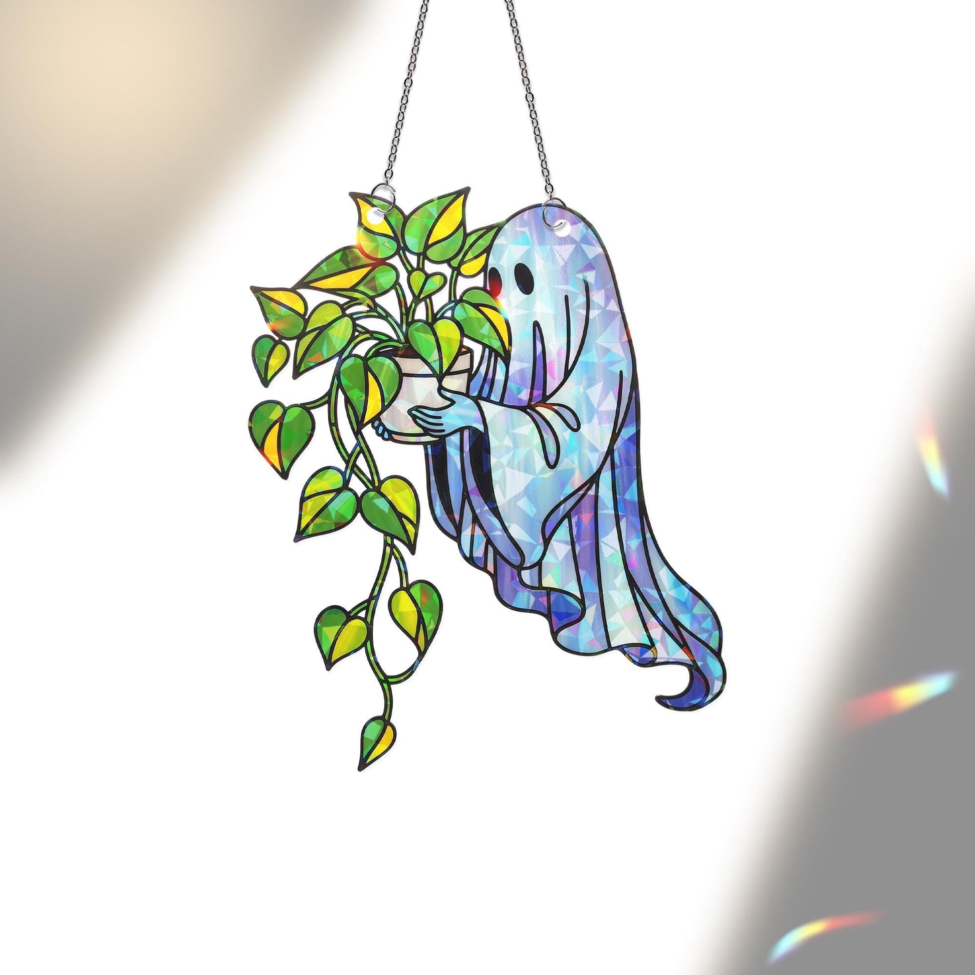 Ghost with Pothos Plant Suncatcher – Holographic Acrylic Spooky Window Decor – Cute Halloween Gift for Plant Lovers & Ghouls Alike