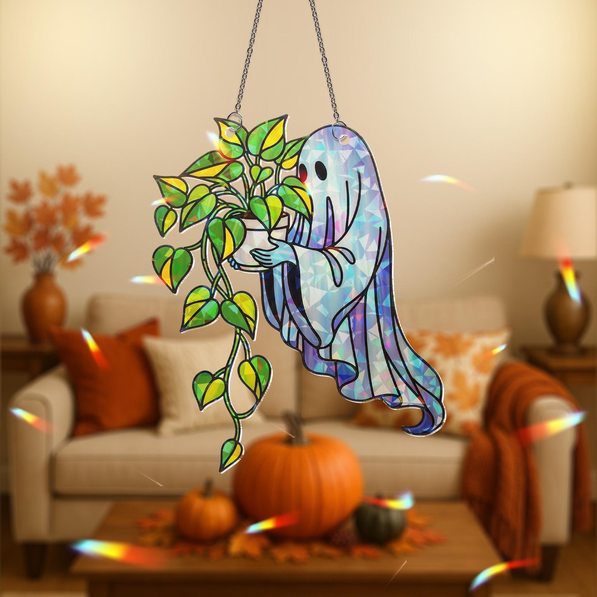 Ghost with Pothos Plant Suncatcher – Holographic Acrylic Spooky Window Decor – Cute Halloween Gift for Plant Lovers & Ghouls Alike
