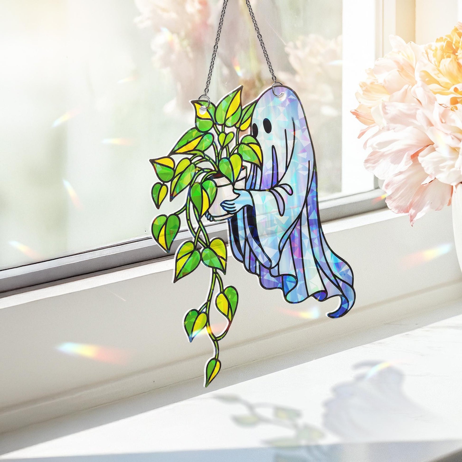Ghost with Pothos Plant Suncatcher – Holographic Acrylic Spooky Window Decor – Cute Halloween Gift for Plant Lovers & Ghouls Alike