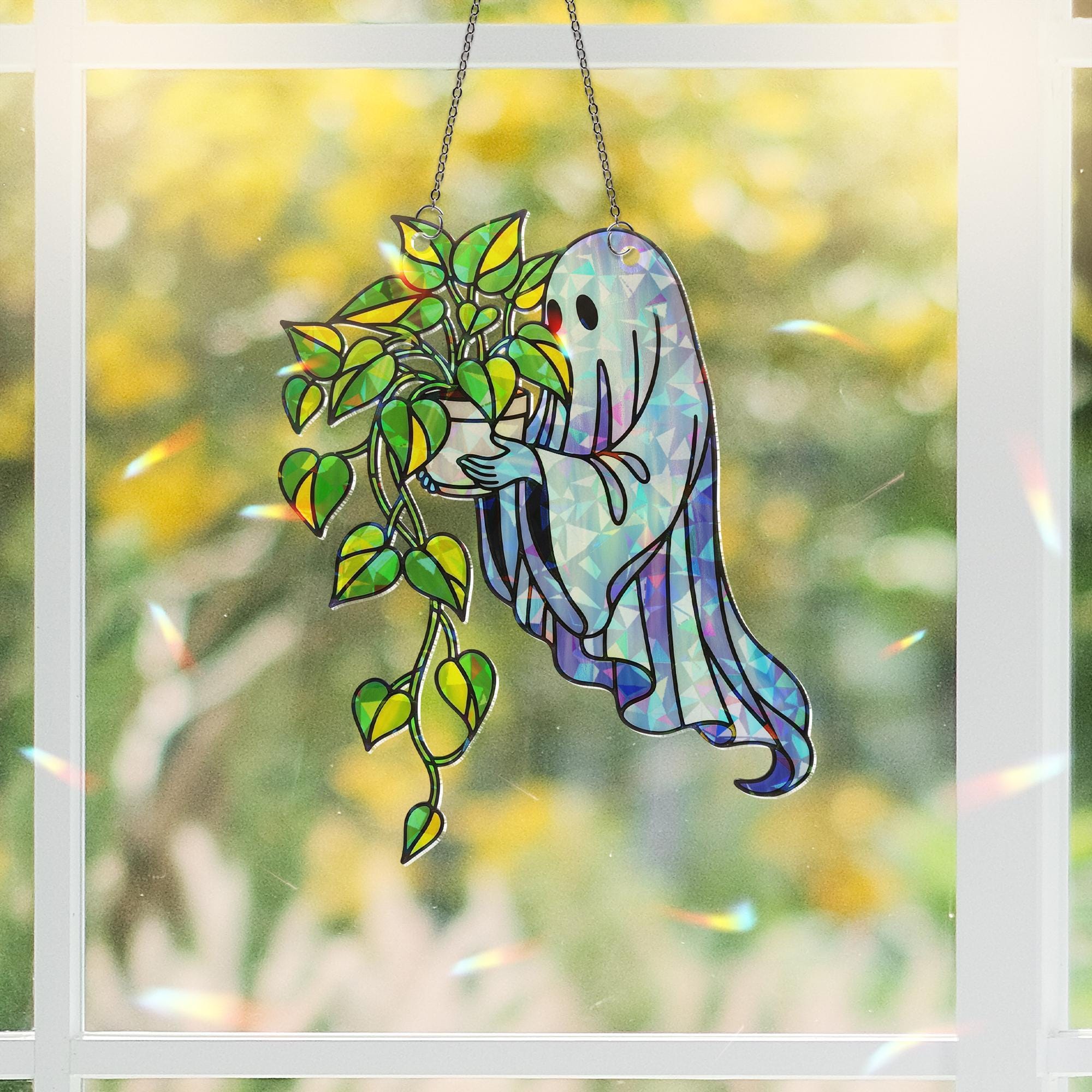 Ghost with Pothos Plant Suncatcher – Holographic Acrylic Spooky Window Decor – Cute Halloween Gift for Plant Lovers & Ghouls Alike