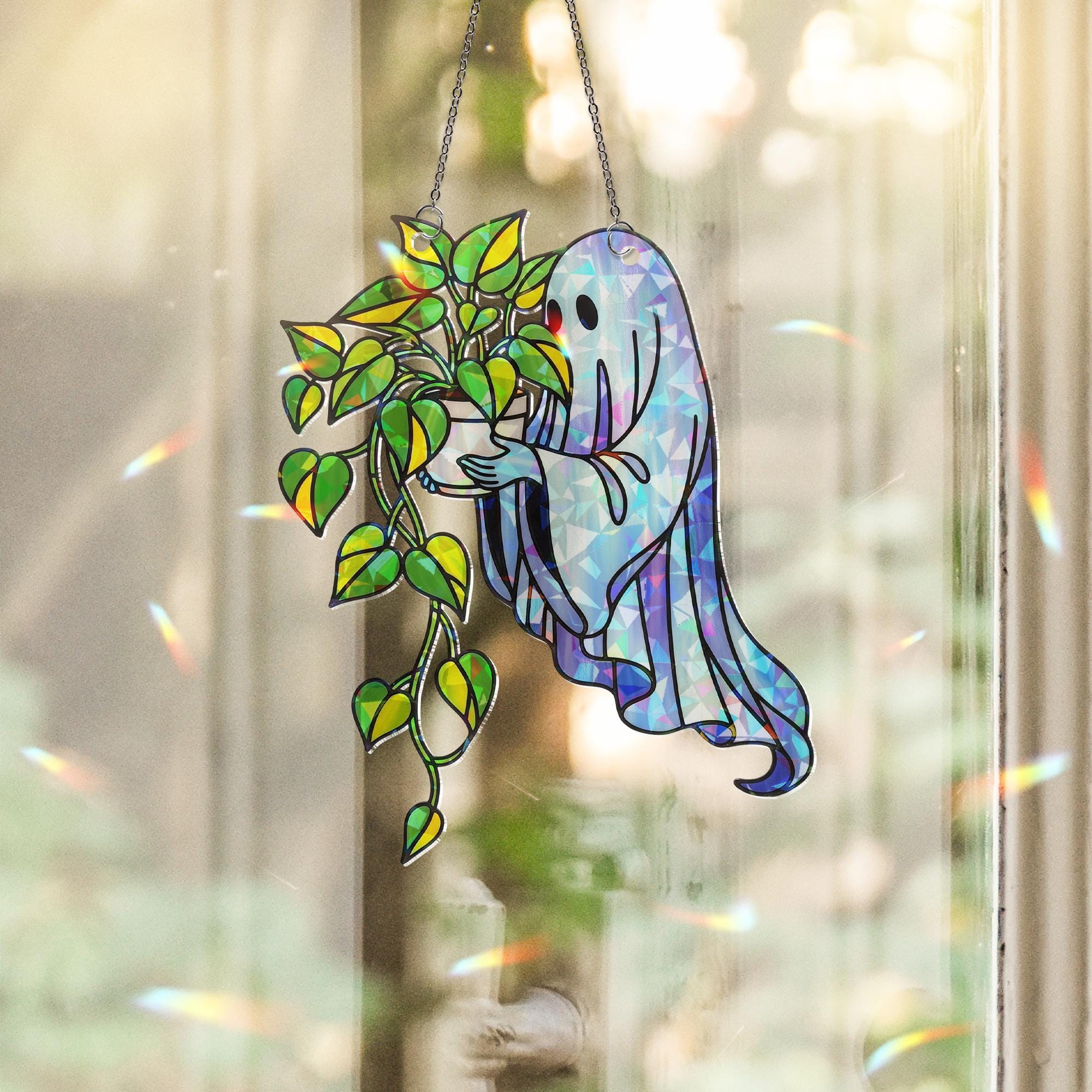 Ghost with Pothos Plant Suncatcher – Holographic Acrylic Spooky Window Decor – Cute Halloween Gift for Plant Lovers & Ghouls Alike