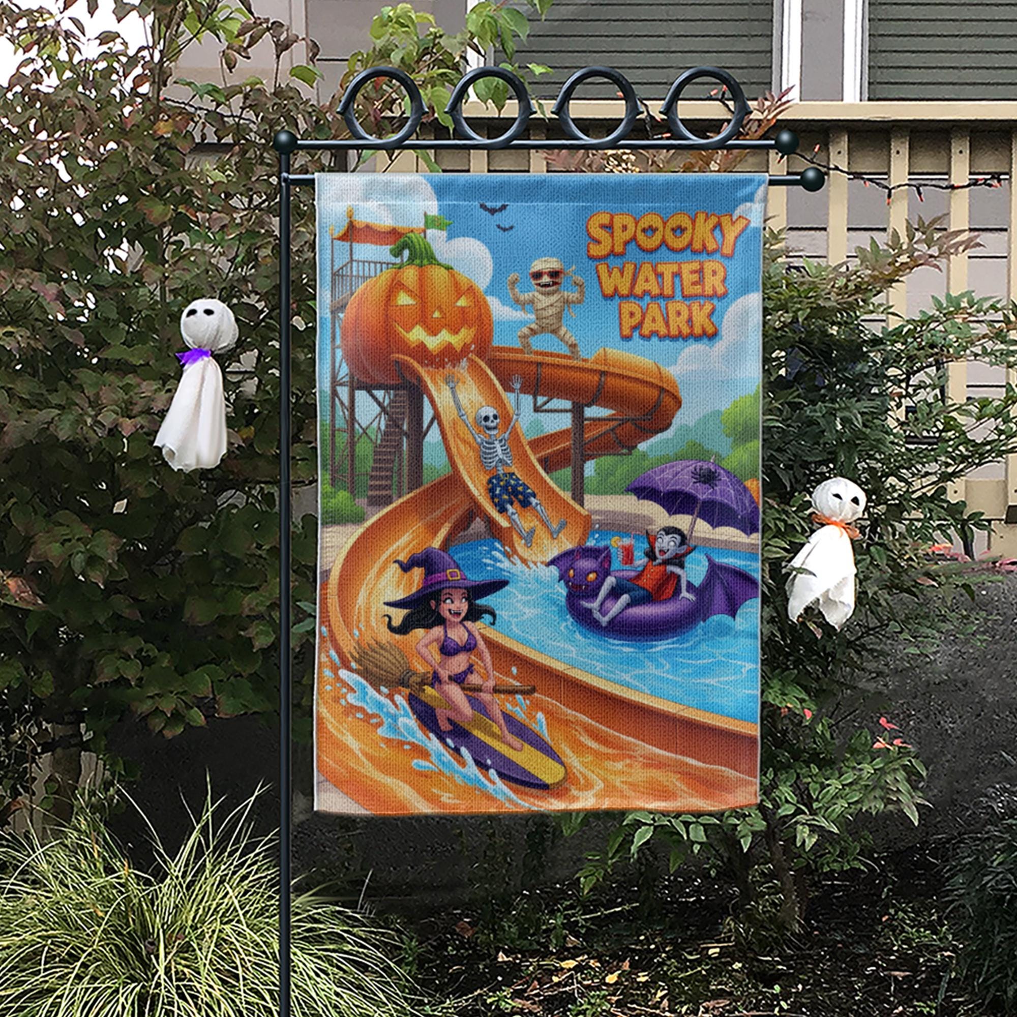 Spooky Water Park Garden Flag | Funny Halloween Outdoor Decor | Unique Monster Yard Art | Summer Fall Flag