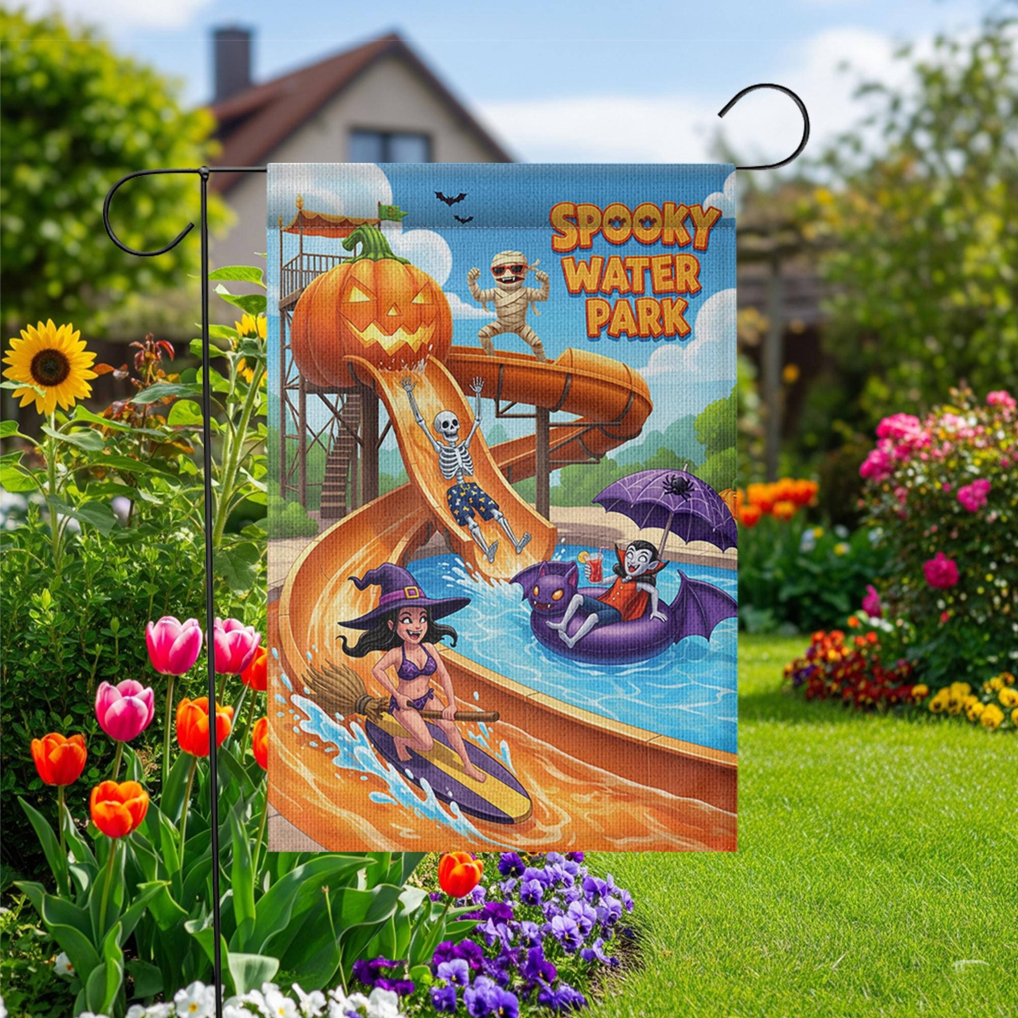 Spooky Water Park Garden Flag | Funny Halloween Outdoor Decor | Unique Monster Yard Art | Summer Fall Flag