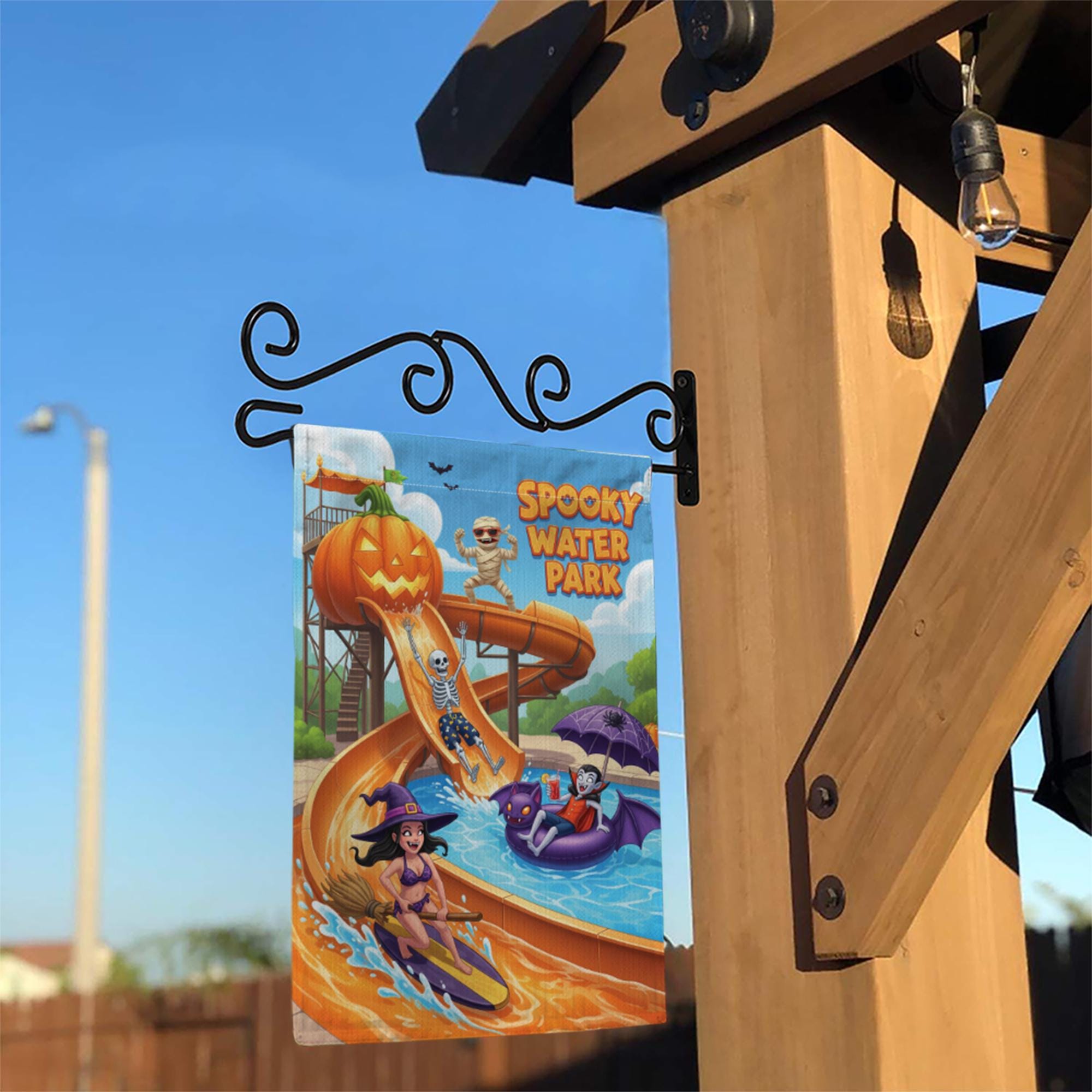 Spooky Water Park Garden Flag | Funny Halloween Outdoor Decor | Unique Monster Yard Art | Summer Fall Flag