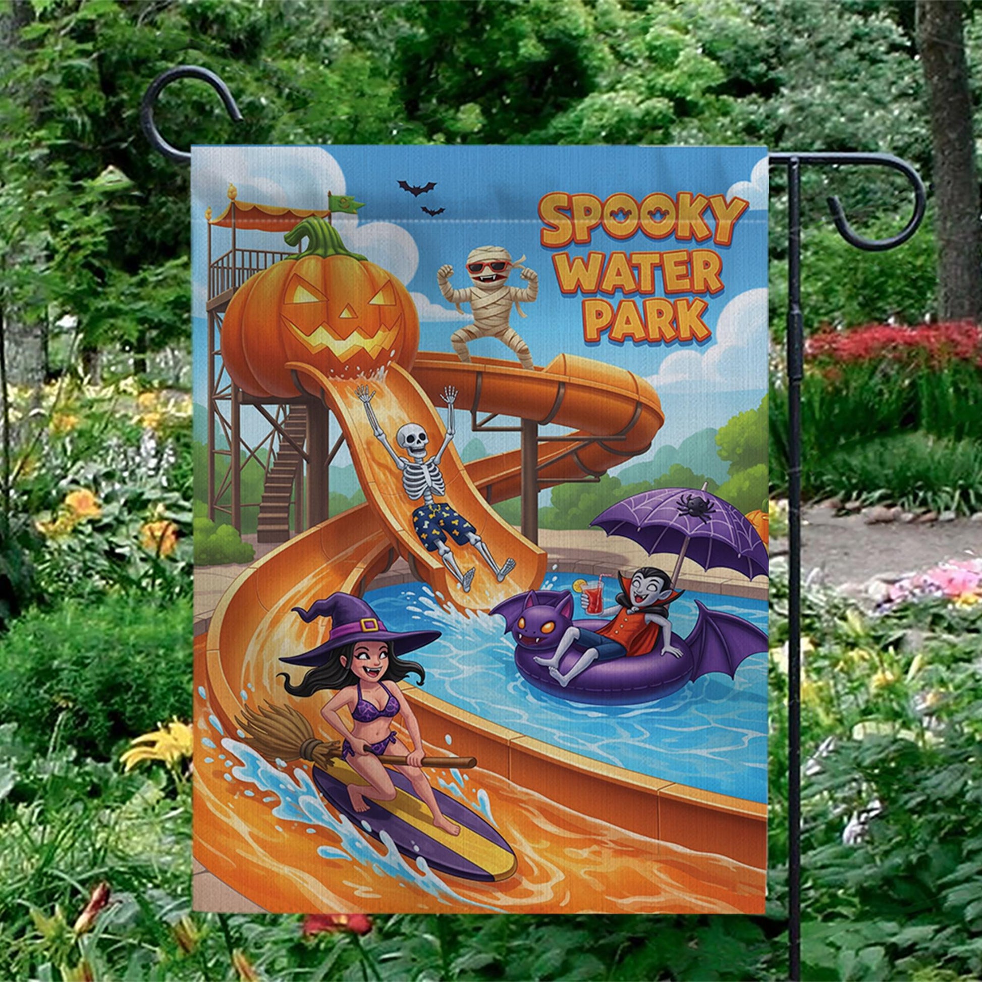 Spooky Water Park Garden Flag | Funny Halloween Outdoor Decor | Unique Monster Yard Art | Summer Fall Flag