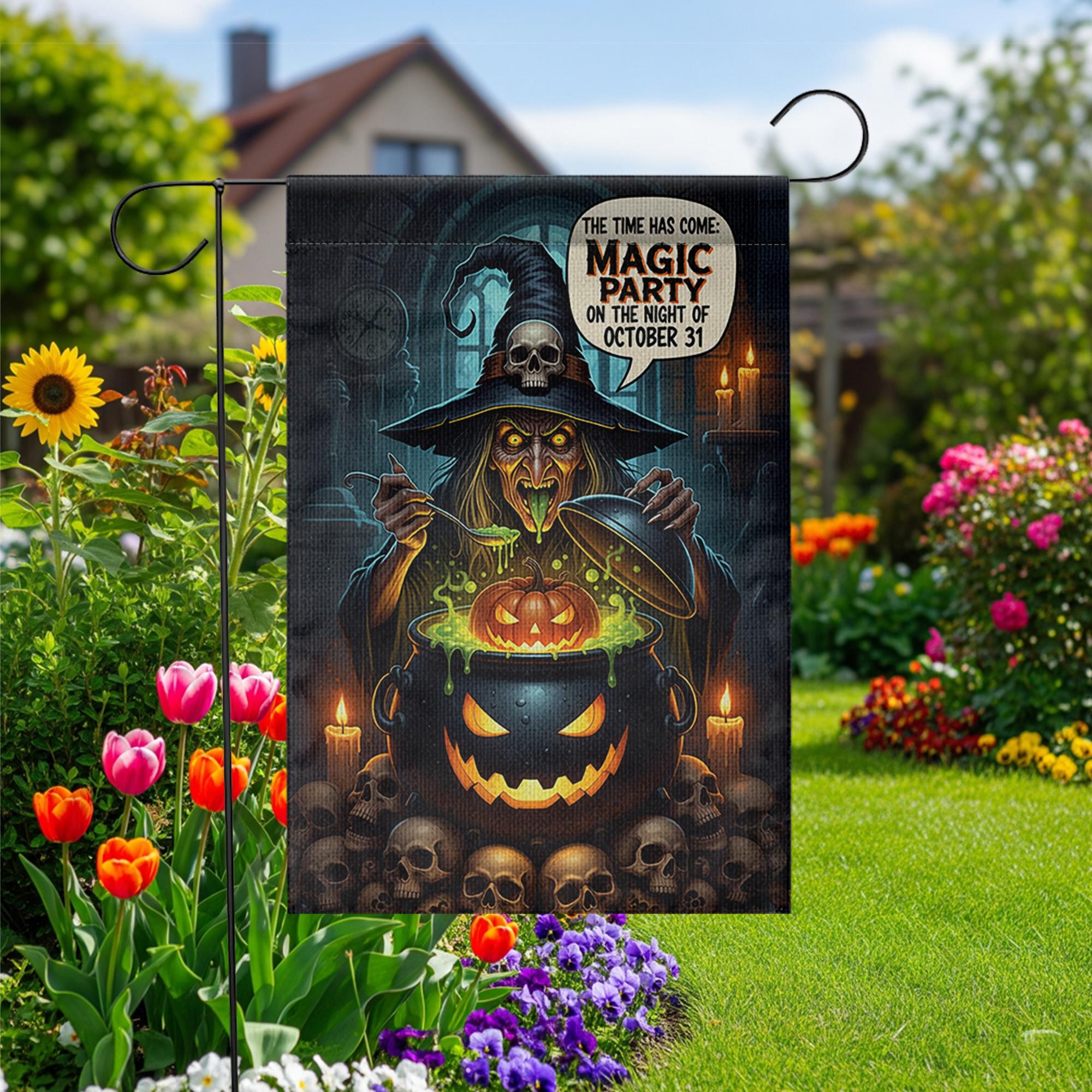 Magic Party Witch Garden Flag | Spooky Halloween Cauldron Yard Decor | October 31st Outdoor Sign