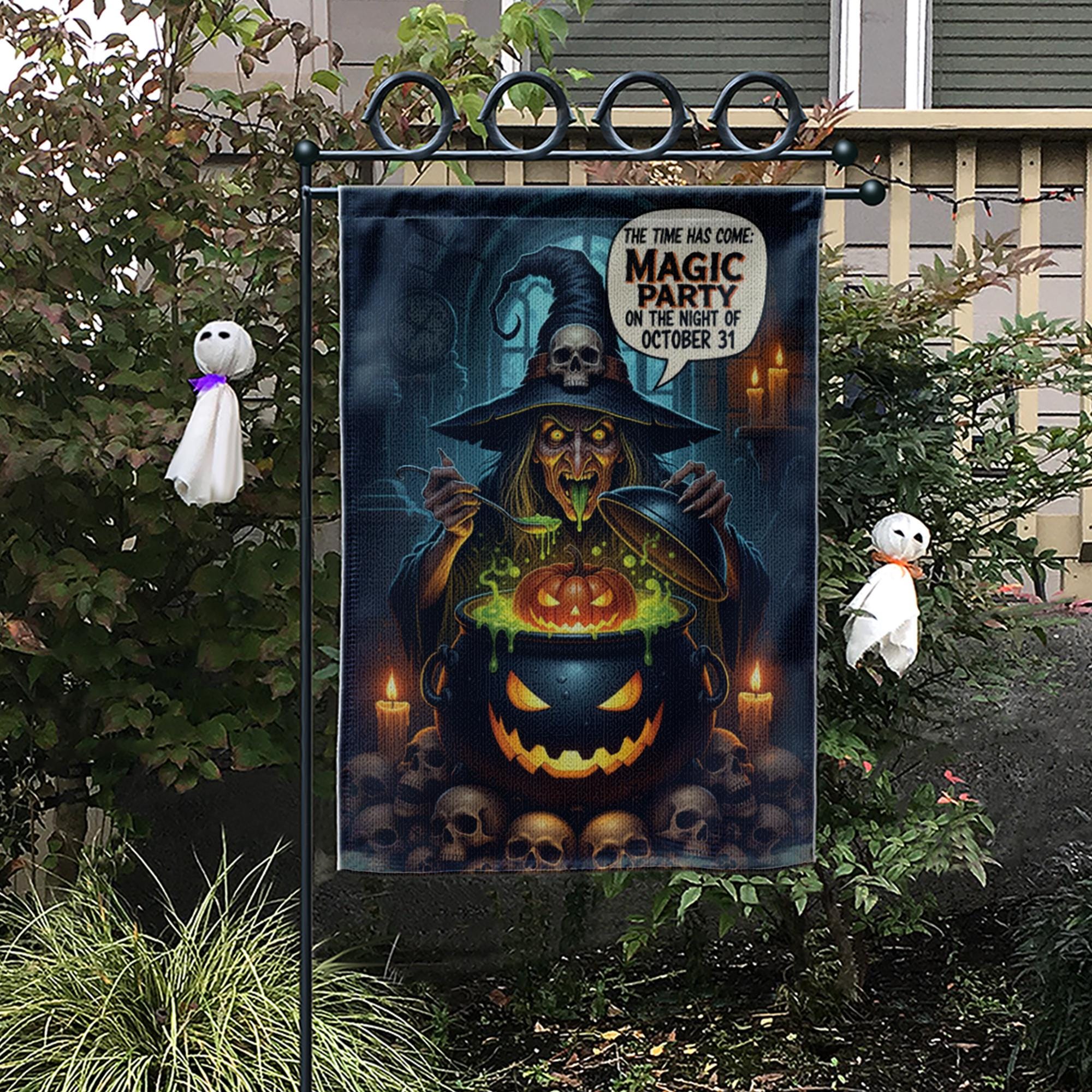Magic Party Witch Garden Flag | Spooky Halloween Cauldron Yard Decor | October 31st Outdoor Sign