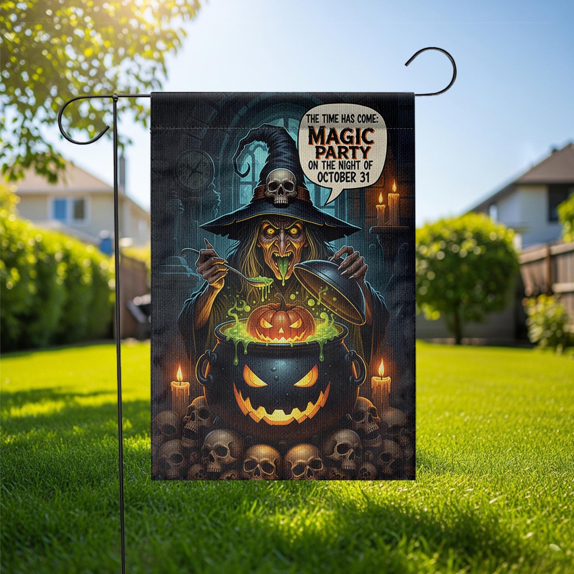Magic Party Witch Garden Flag | Spooky Halloween Cauldron Yard Decor | October 31st Outdoor Sign