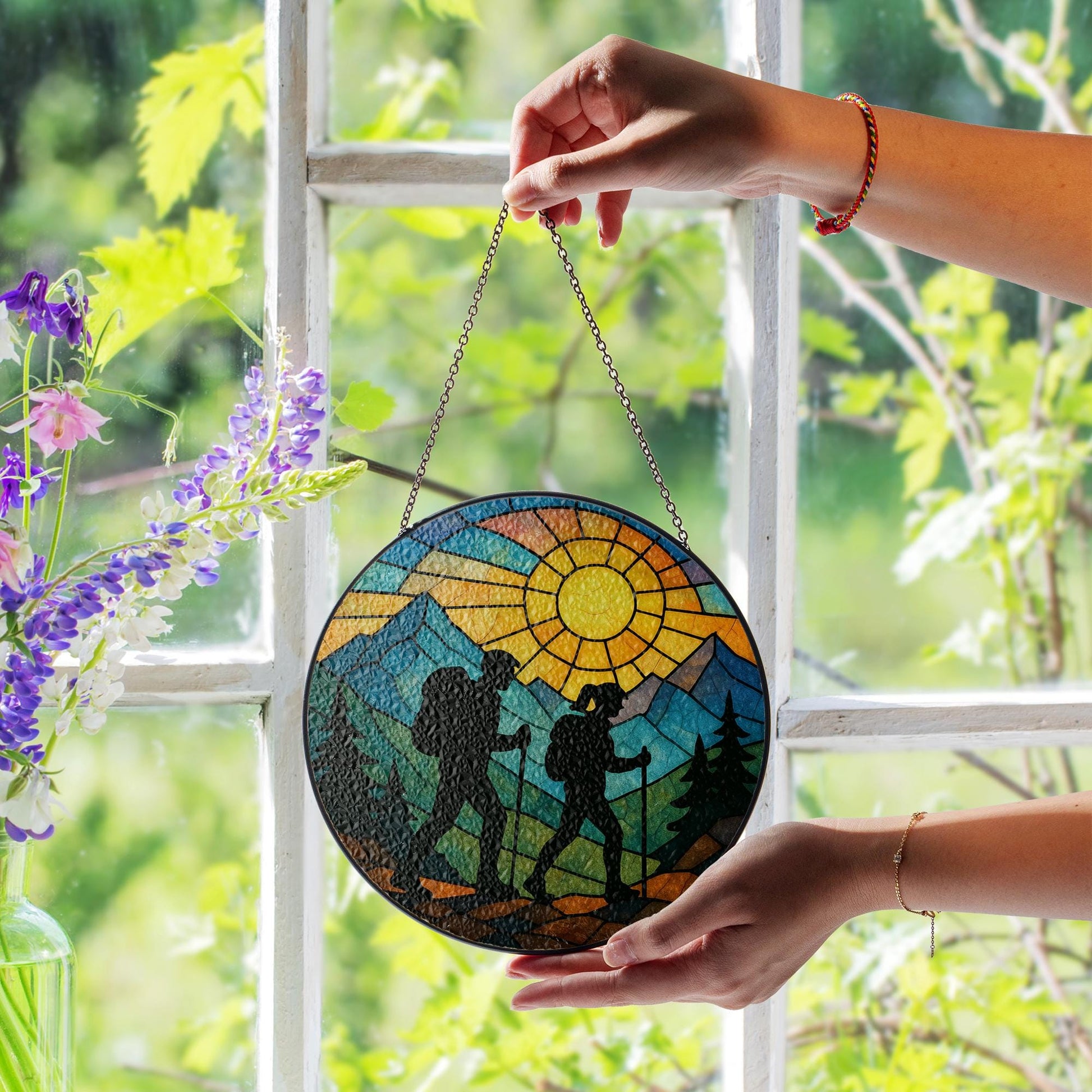 Hiking Couple Glass Suncatcher, Anniversary or Wedding Keepsake, Mountain Sunset Window Decor, Outdoor Adventure Gift