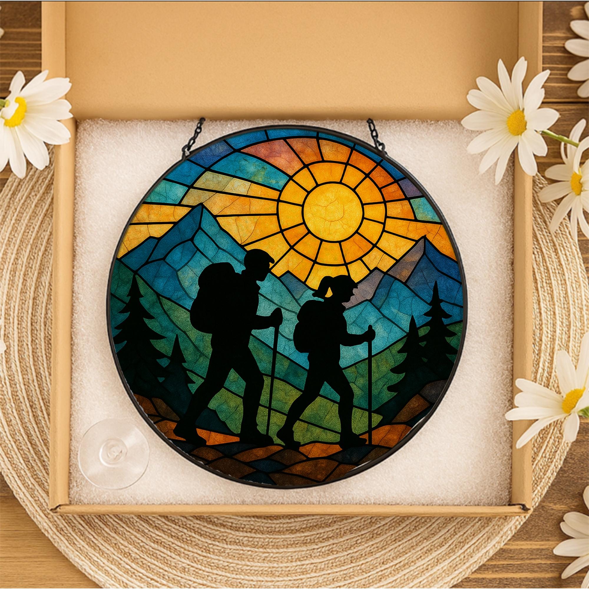 Hiking Couple Glass Suncatcher, Anniversary or Wedding Keepsake, Mountain Sunset Window Decor, Outdoor Adventure Gift